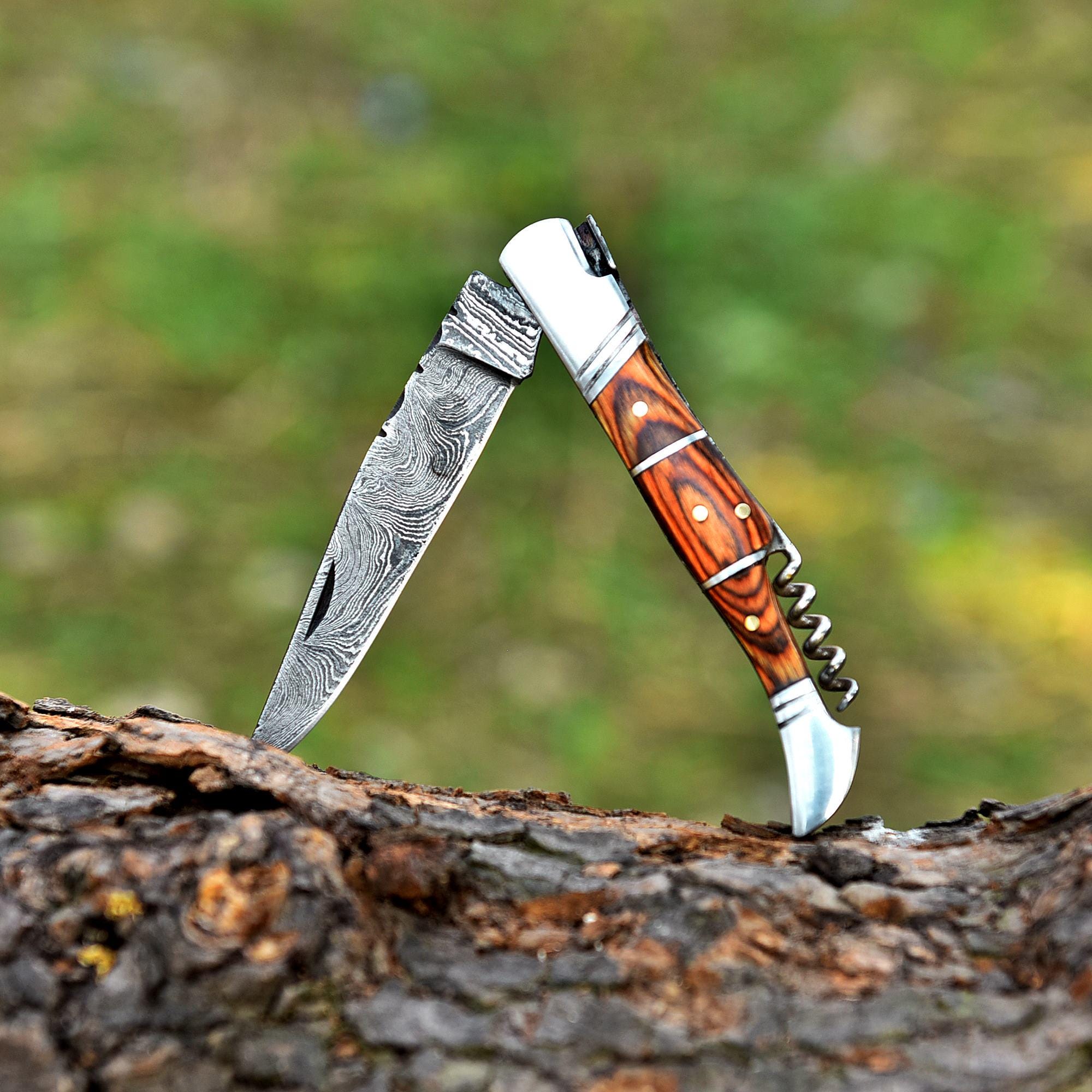 Handmade Damascus Corkscrew Pocket Knife Folding Knife Brown Wood Handle Camping Knife Birthday Gift Anniversary Personalized Gift for Men