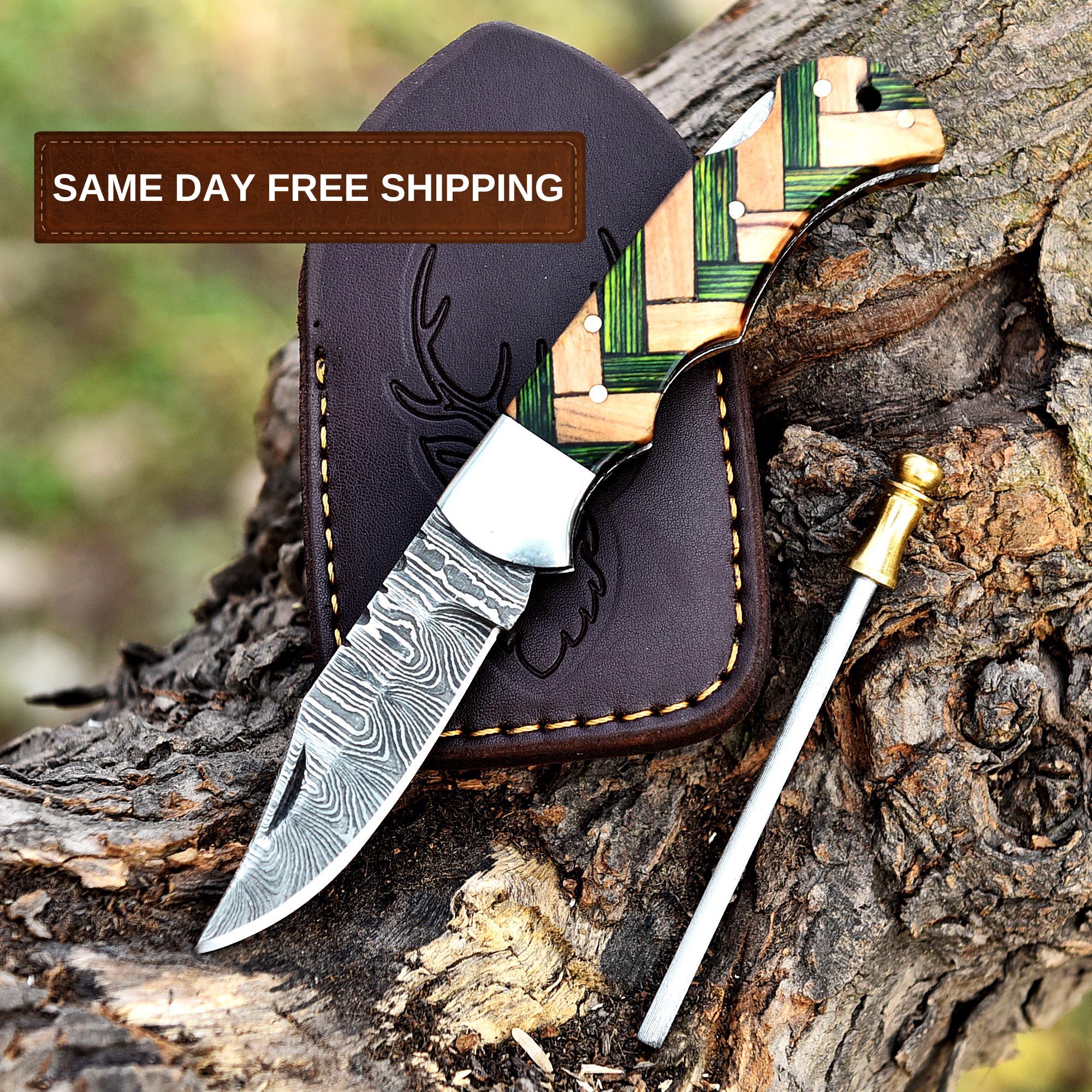 Handmade Damascus Folding Knife Pocket Knife Olive Wood Handle Birthday Gift Anniversary Wedding Personalized Gift for Men Groomsmen Gift