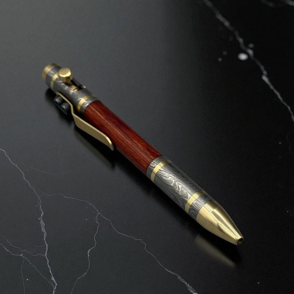 Handmade Damascus Steel Fountain Pen & Ballpoint Gift Set, Luxury Wood Pen with Brass Accents, Bolt Action, Personalized Retirement Gift