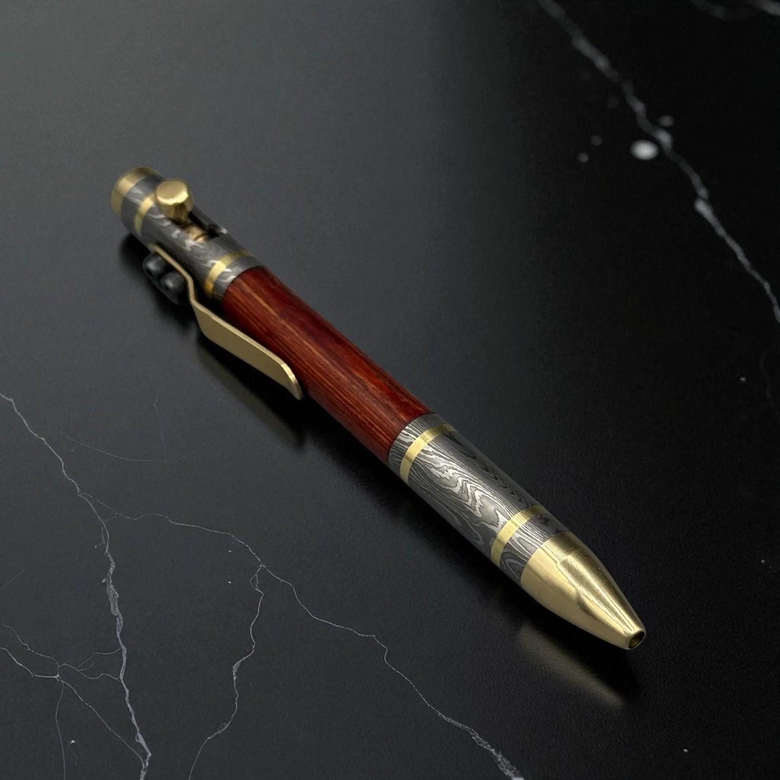 Handmade Damascus Steel Fountain Pen & Ballpoint Gift Set, Luxury Wood Pen with Brass Accents, Bolt Action, Personalized Retirement Gift