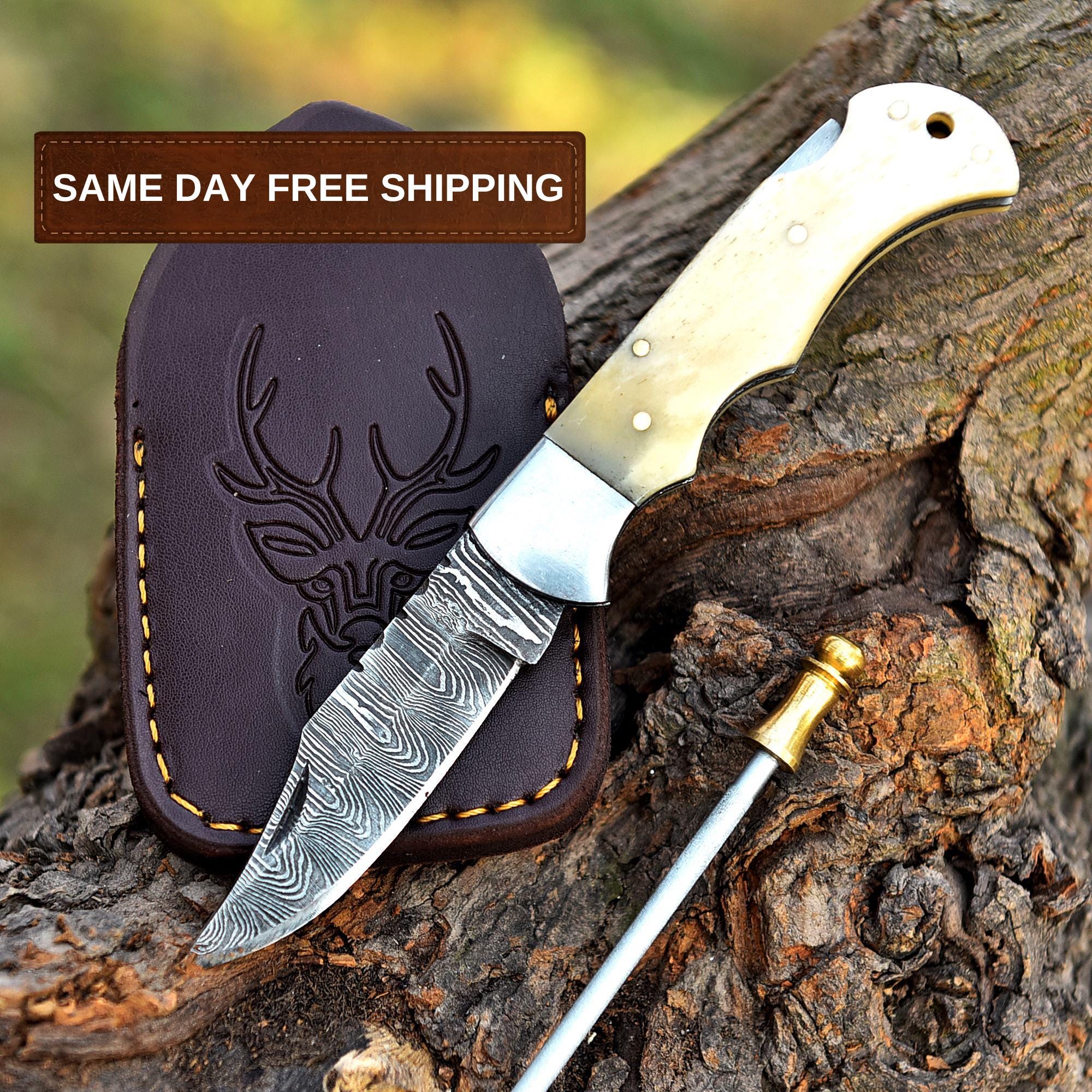 Bone Handmade Damascus Folding Knife Pocket knife Bone Handle Groomsman Gift Personalized Knife Birthday Gift Custom Knife Wedding Gift