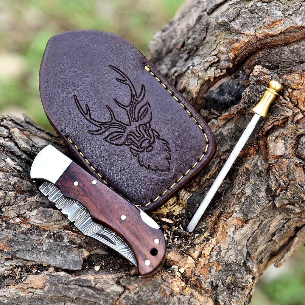 Handmade Damascus Pocket Knife Folding Knife Pakka Wood Handle Leather Sheath Birthday Gift Wedding Anniversary Personalized Gift For Men