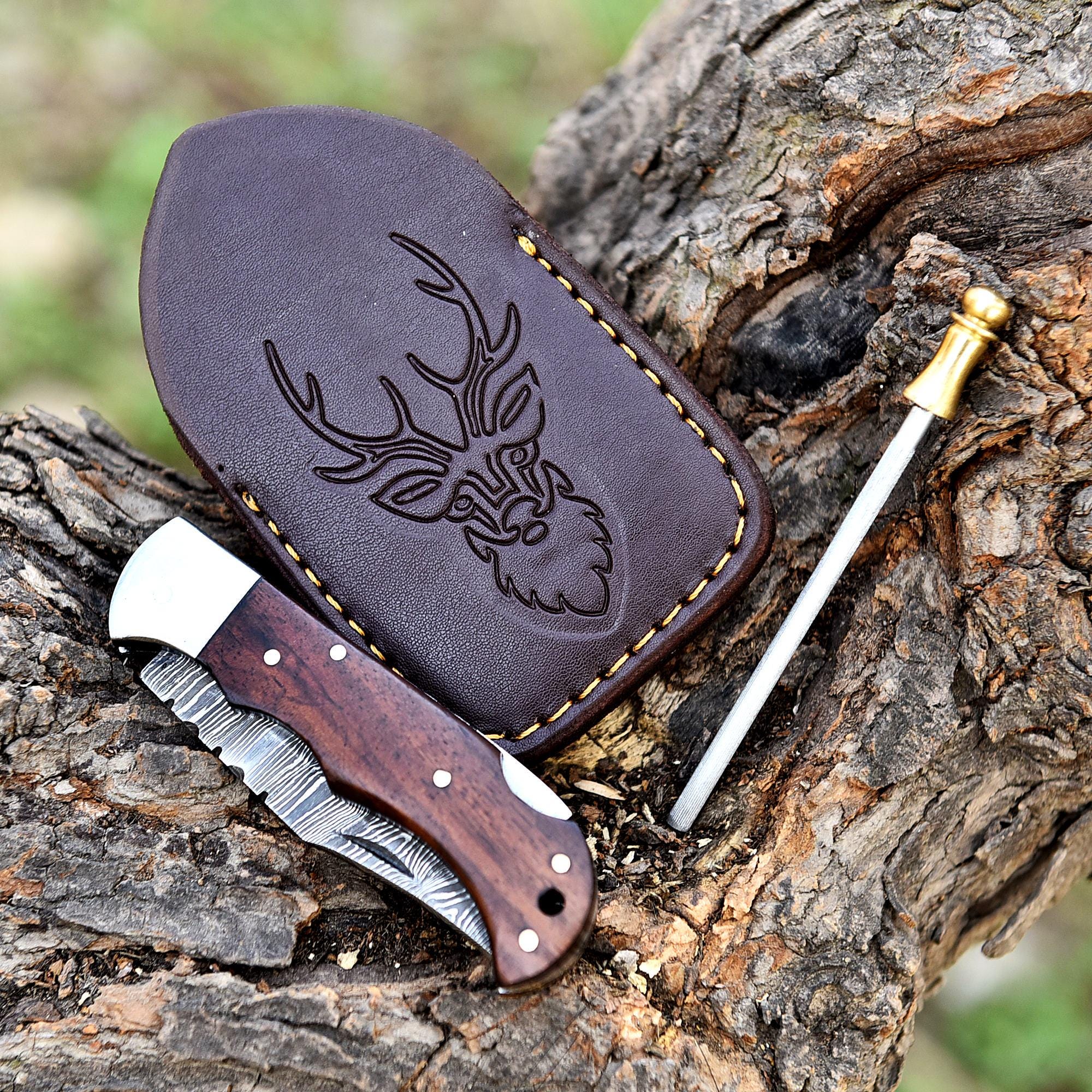 Handmade Damascus Pocket Knife Folding Knife Pakka Wood Handle Leather Sheath Birthday Gift Wedding Anniversary Personalized Gift For Men