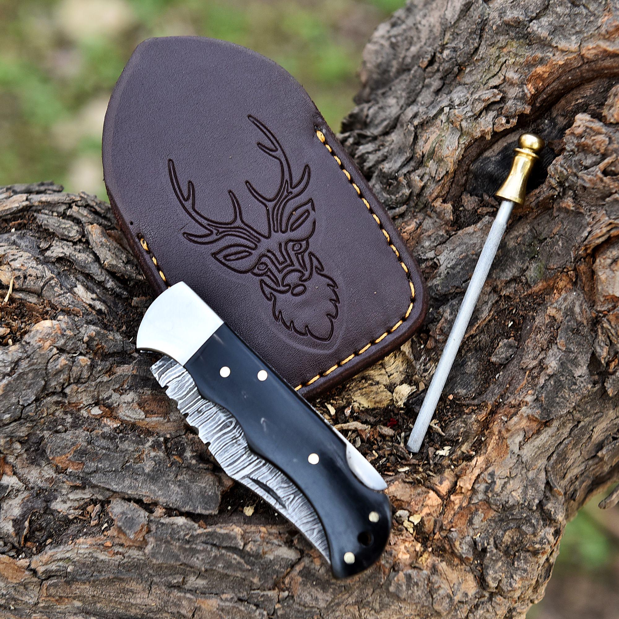 Handmade Damascus Pocket Knife Folding knife Anniversary gift Wood Handle Birthday Gift Personalized Gift for men Black horn Hunting knife