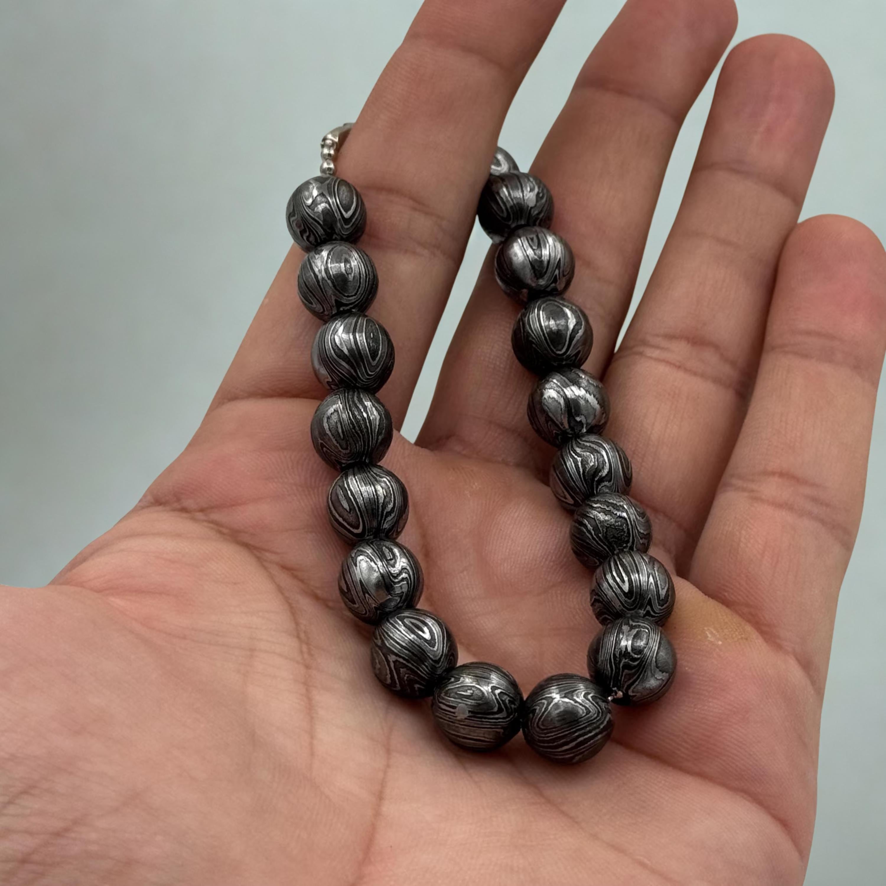 Premium Handmade Damascus Beaded Bracelet for Him - 12mm Beaded Bracelet - Damascus Steel Bangle - Viking Hand Forged Cuff - Meditation Toy