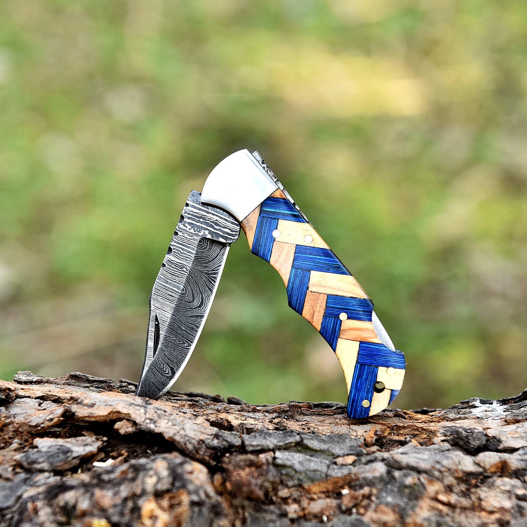 Handmade Damascus Folding Knife Pocket Knife Olive Wood Handle Birthday Gift Anniversary Wedding Personalized Gift for Men Groomsmen Gift