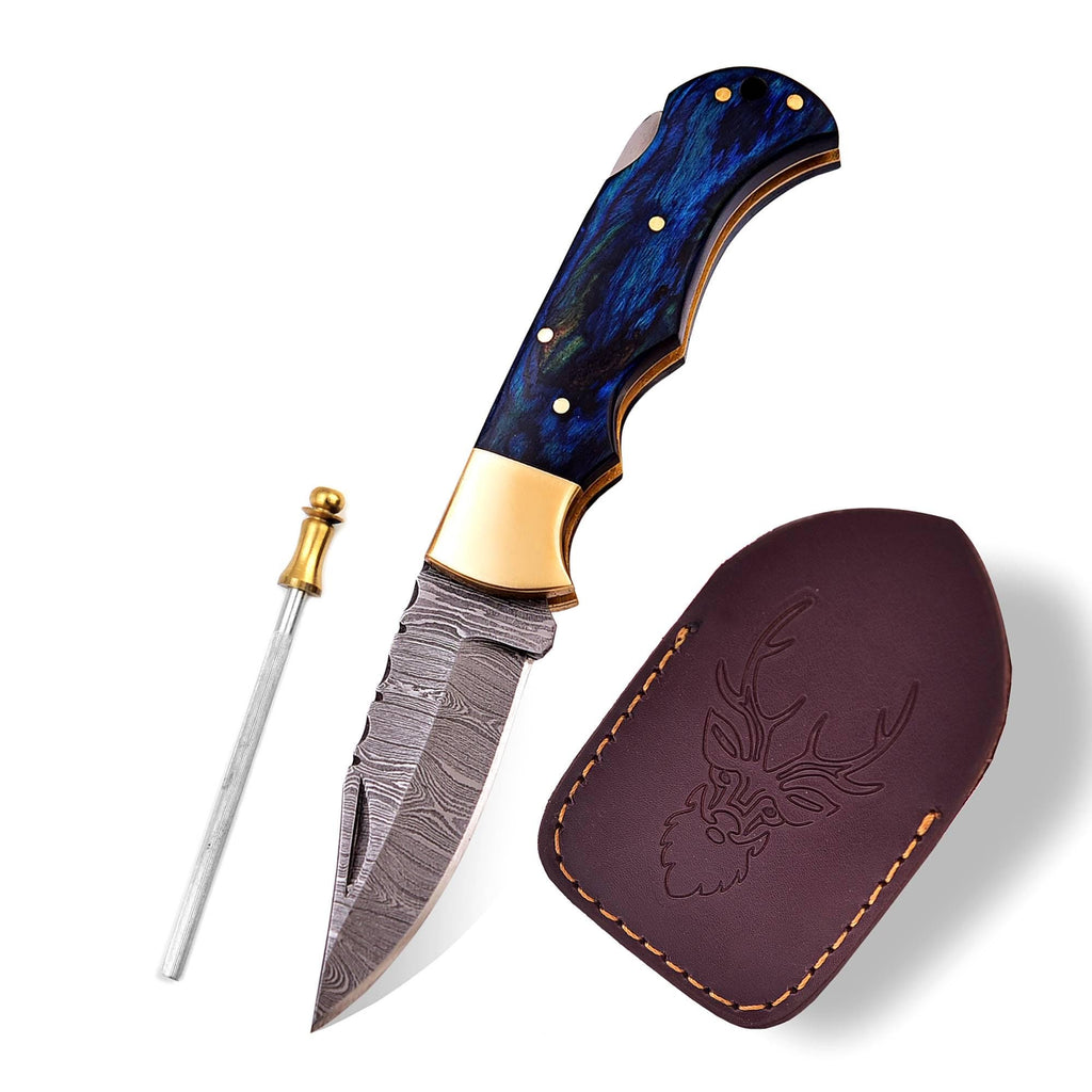 Handmade Damascus Pocket Knife Pakka Blue Handle Leather Sheath Birthday Gift Folding Knife Wedding Anniversary Personalized Gift For Men