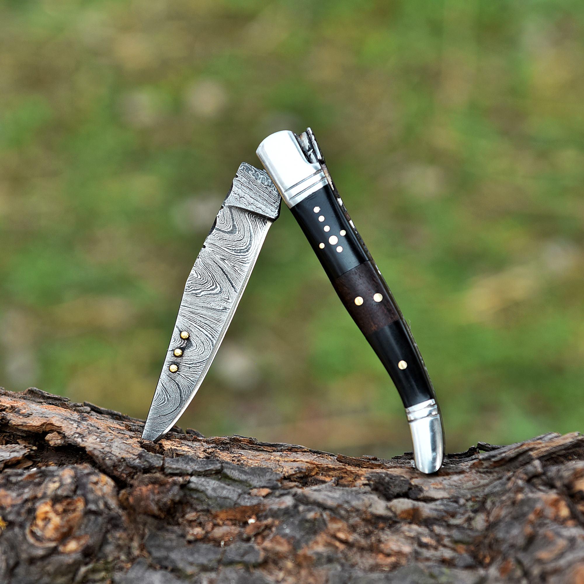 Handmade Damascus Folding Knife Pocket Knife Black Ram Horn Handle Birthday Gift Groomsmen Gift Anniversary Personalized Gift for Men