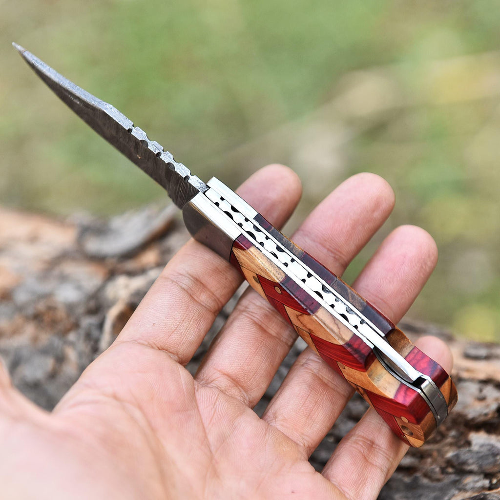 Handmade Damascus Folding Knife Pocket Knife Olive Wood Handle Birthday Gift Anniversary Wedding Personalized Gift for Men Groomsmen Gift
