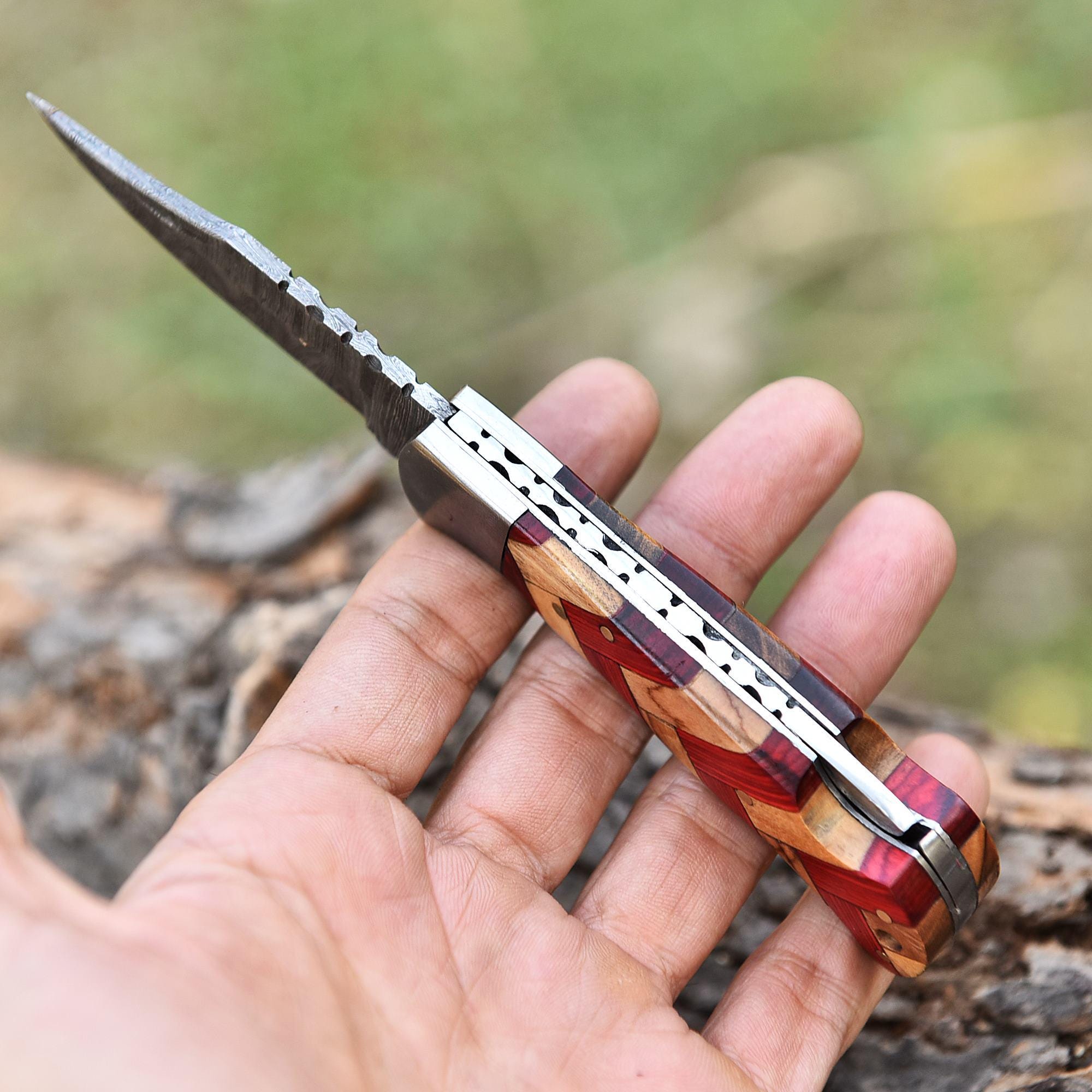 Handmade Damascus Folding Knife Pocket Knife Olive Wood Handle Birthday Gift Anniversary Wedding Personalized Gift for Men Groomsmen Gift