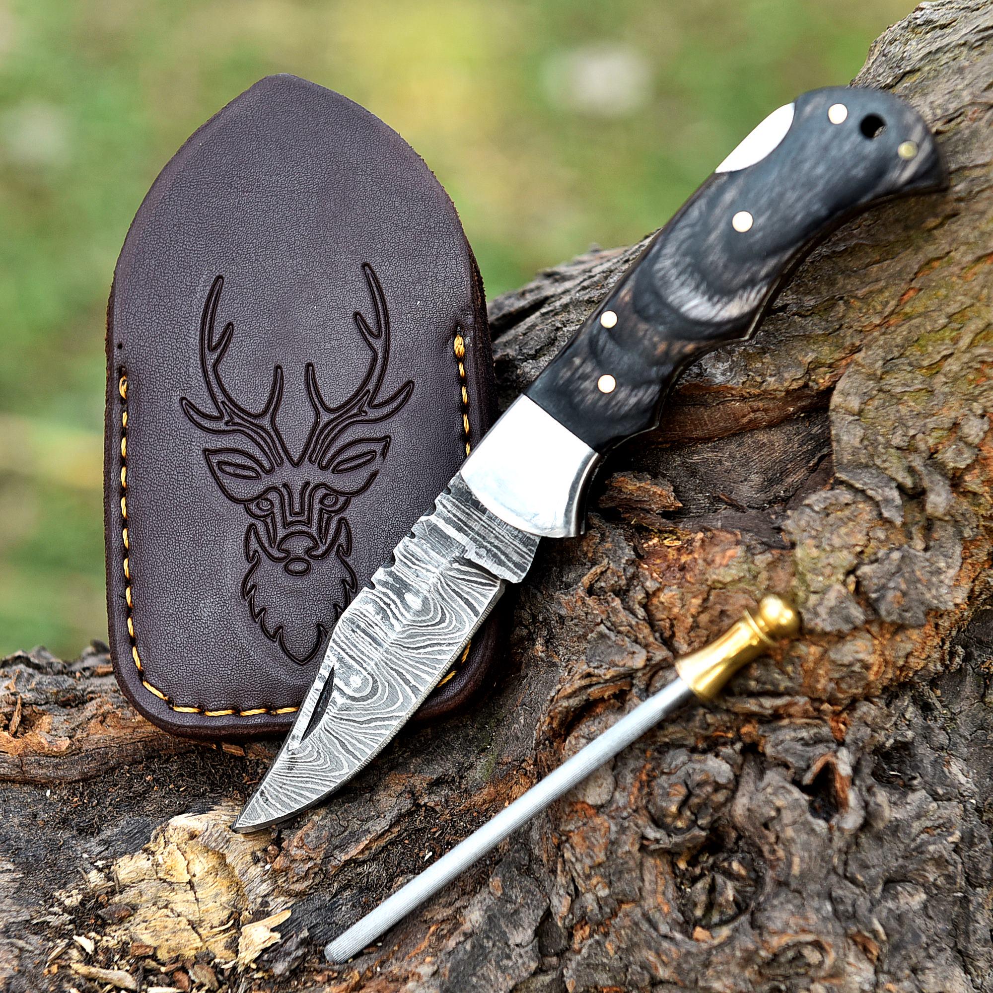 Premium Handmade Damascus Pocket Knife, Pakka Wood Handle, Folding Knife with Leather Sheath, Valorant Knife, Bread Knife, Fathers Day Gift