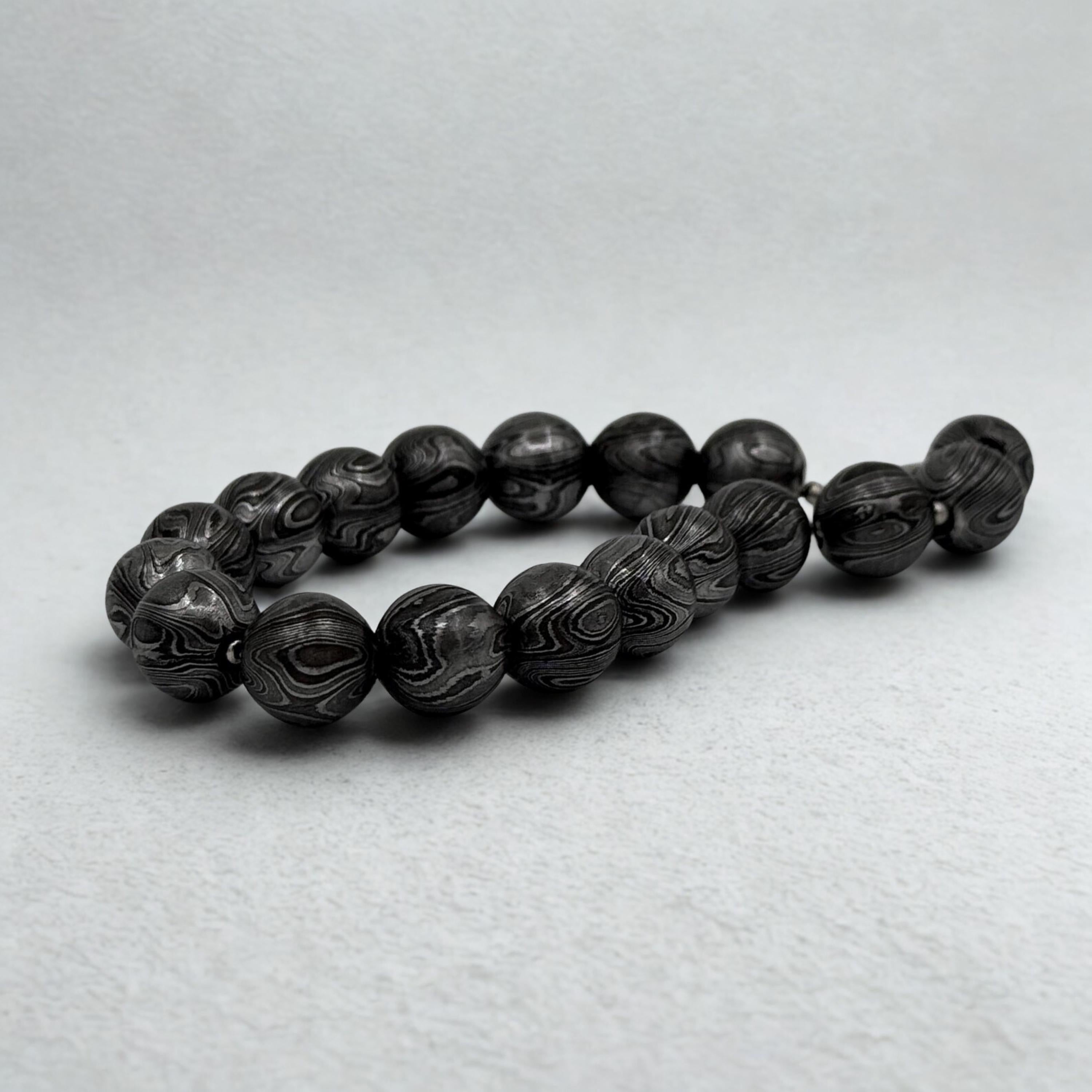 Premium Handmade Damascus Beaded Bracelet for Him - 12mm Beaded Bracelet - Damascus Steel Bangle - Viking Hand Forged Cuff - Meditation Toy