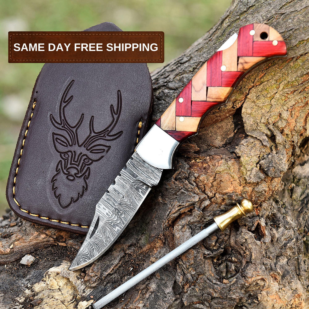Handmade Damascus Folding Knife Pocket Knife Olive Wood Handle Birthday Gift Anniversary Wedding Personalized Gift for Men Groomsmen Gift