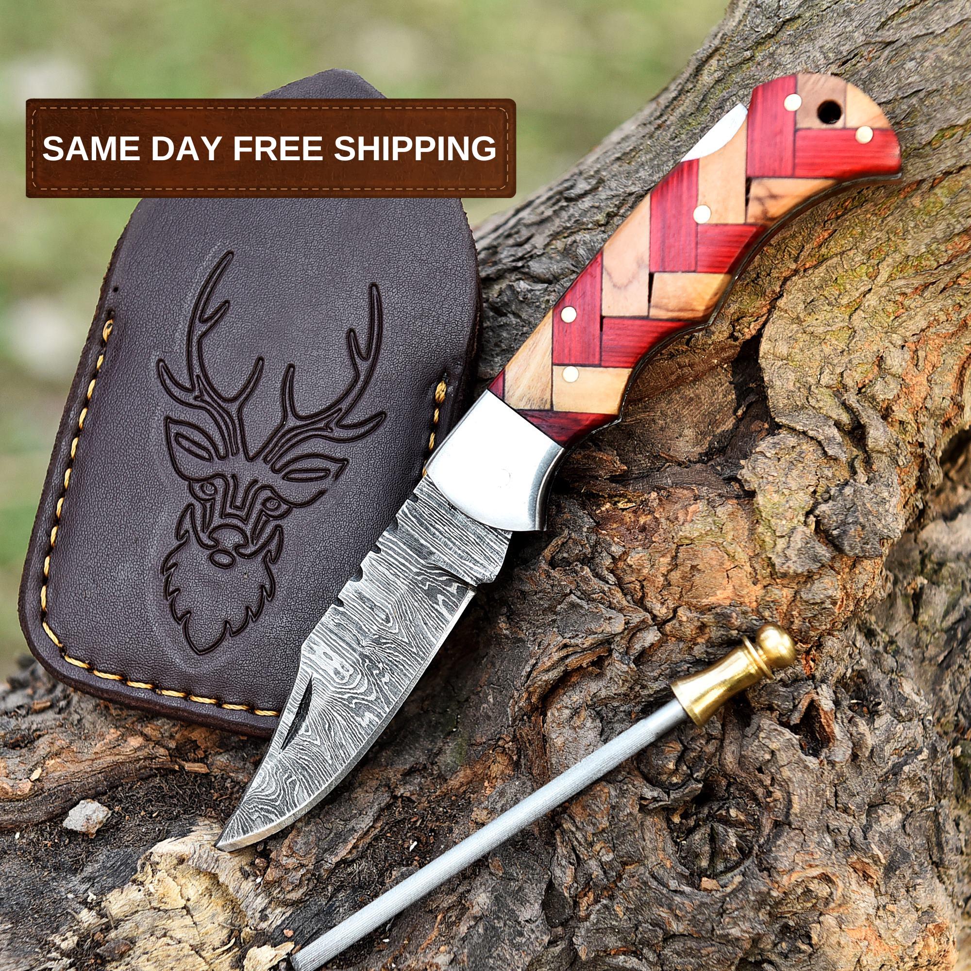 Handmade Damascus Folding Knife Pocket Knife Olive Wood Handle Birthday Gift Anniversary Wedding Personalized Gift for Men Groomsmen Gift