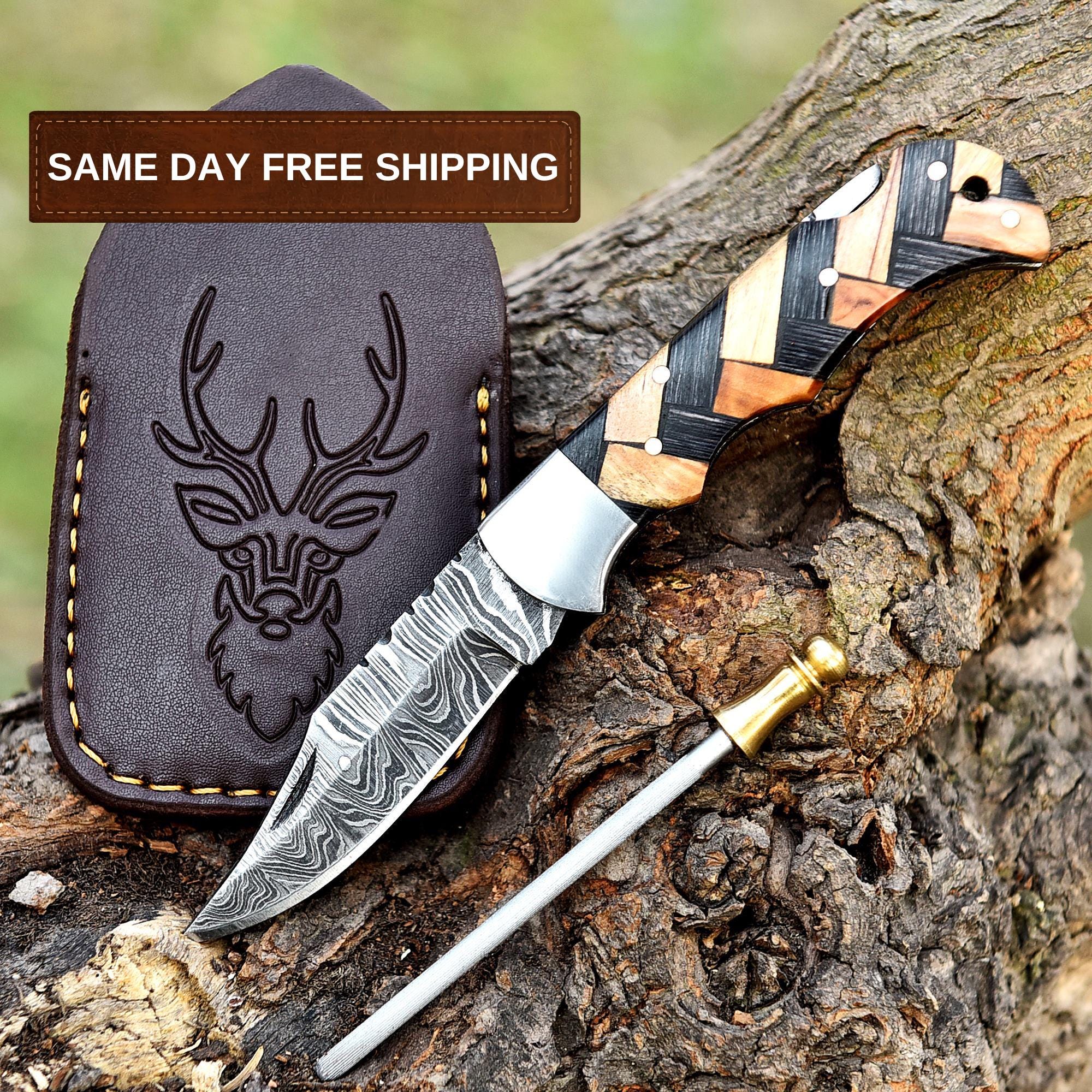 Handmade Damascus Pocket Knife Folding Knife Olive Wood Handle Birthday Gift Anniversary Wedding Personalized Gift for Men Groomsmen Gift