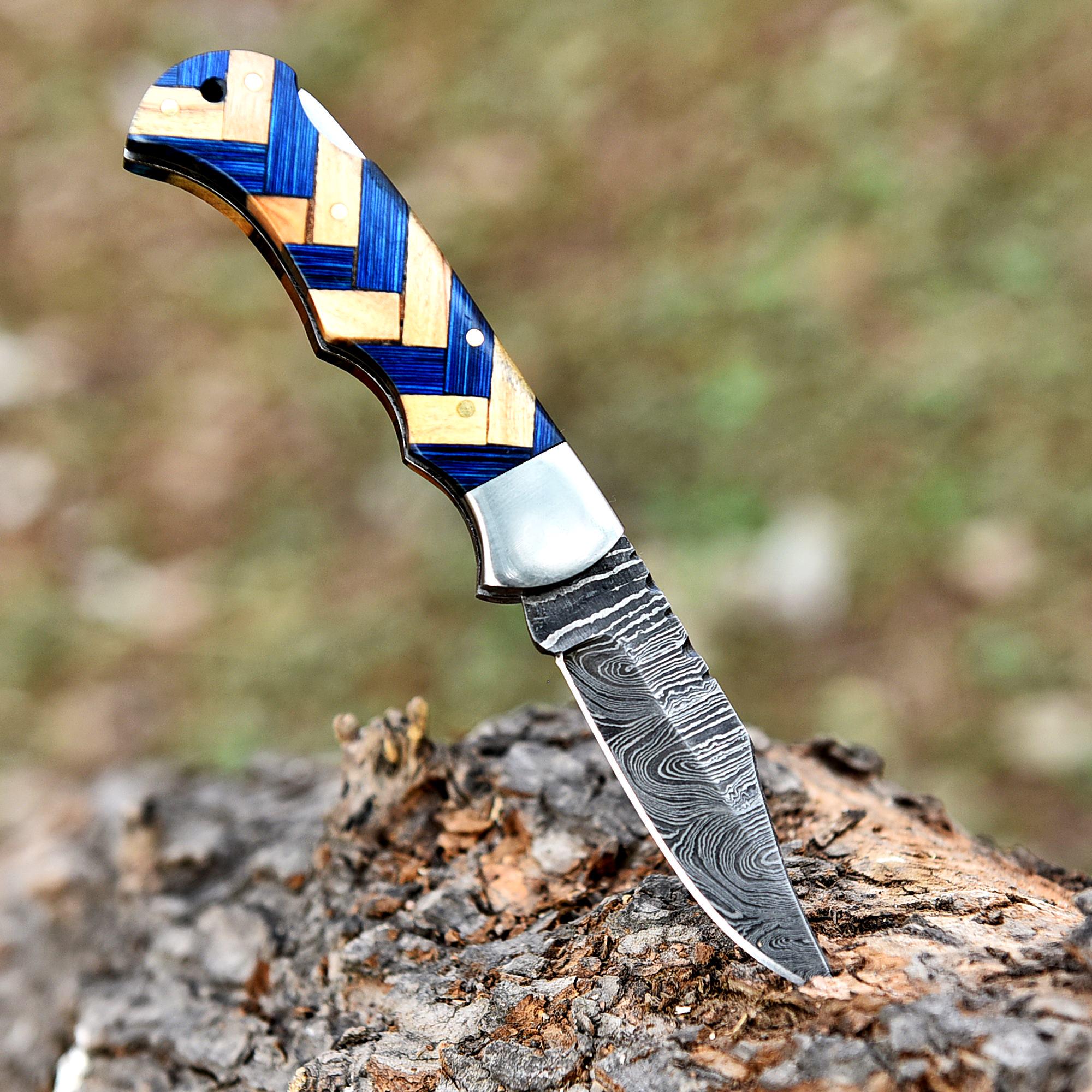 Handmade Damascus Folding Knife Pocket Knife Olive Wood Handle Birthday Gift Anniversary Wedding Personalized Gift for Men Groomsmen Gift