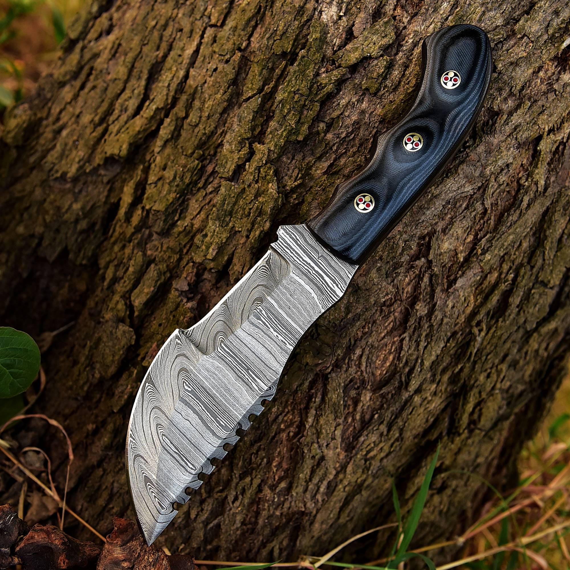 Handmade Damascus Bowie Fixed Blade Knife - Black Handle