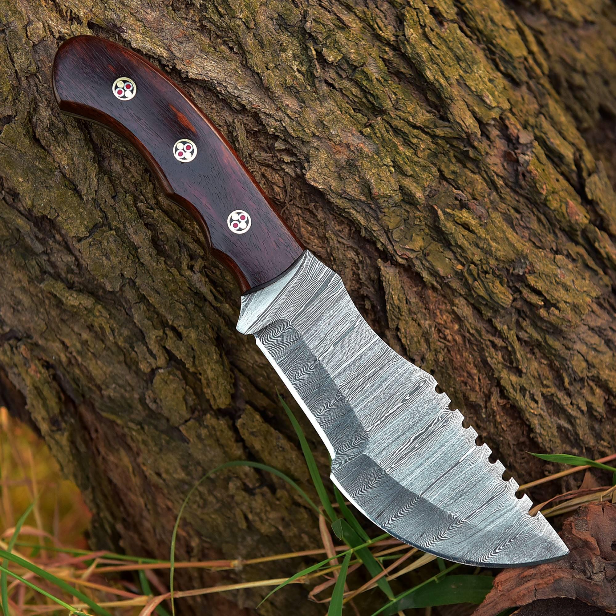 Handmade Damascus Bowie Fixed Blade Knife - Brown Handle