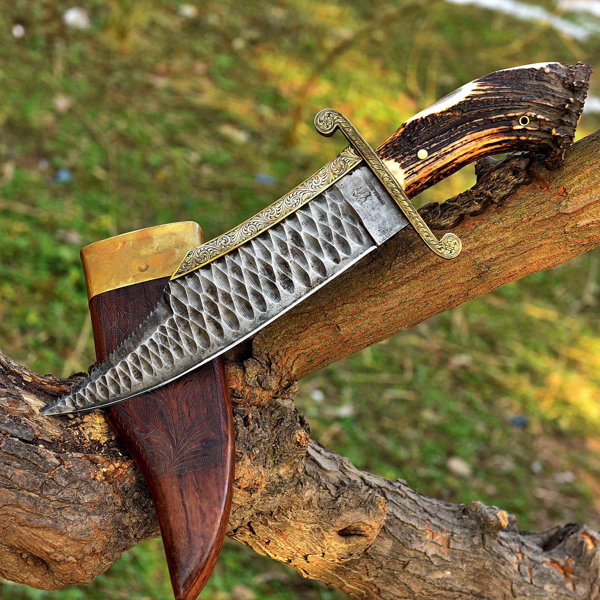 Handmade Full Tang Big Bowie Hunting Knife, Stone Washed Stainless Steel, Stag Horn Brass Handle, Hand Engraved knife, Anniversary Gift