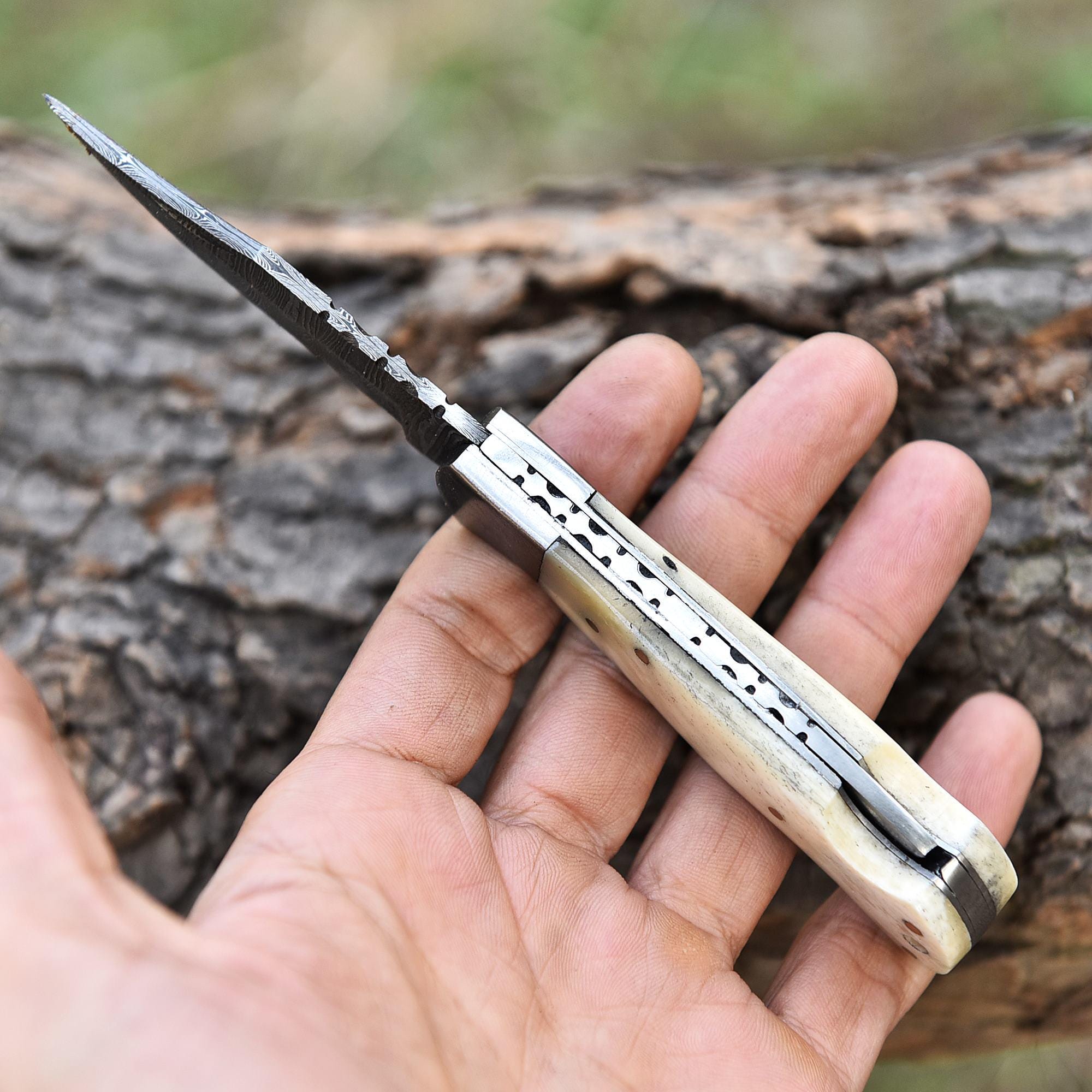 Bone Handmade Damascus Folding Knife Pocket knife Bone Handle Groomsman Gift Personalized Knife Birthday Gift Custom Knife Wedding Gift