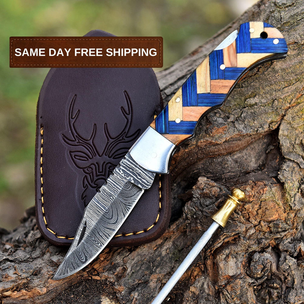 Handmade Damascus Folding Knife Pocket Knife Olive Wood Handle Birthday Gift Anniversary Wedding Personalized Gift for Men Groomsmen Gift