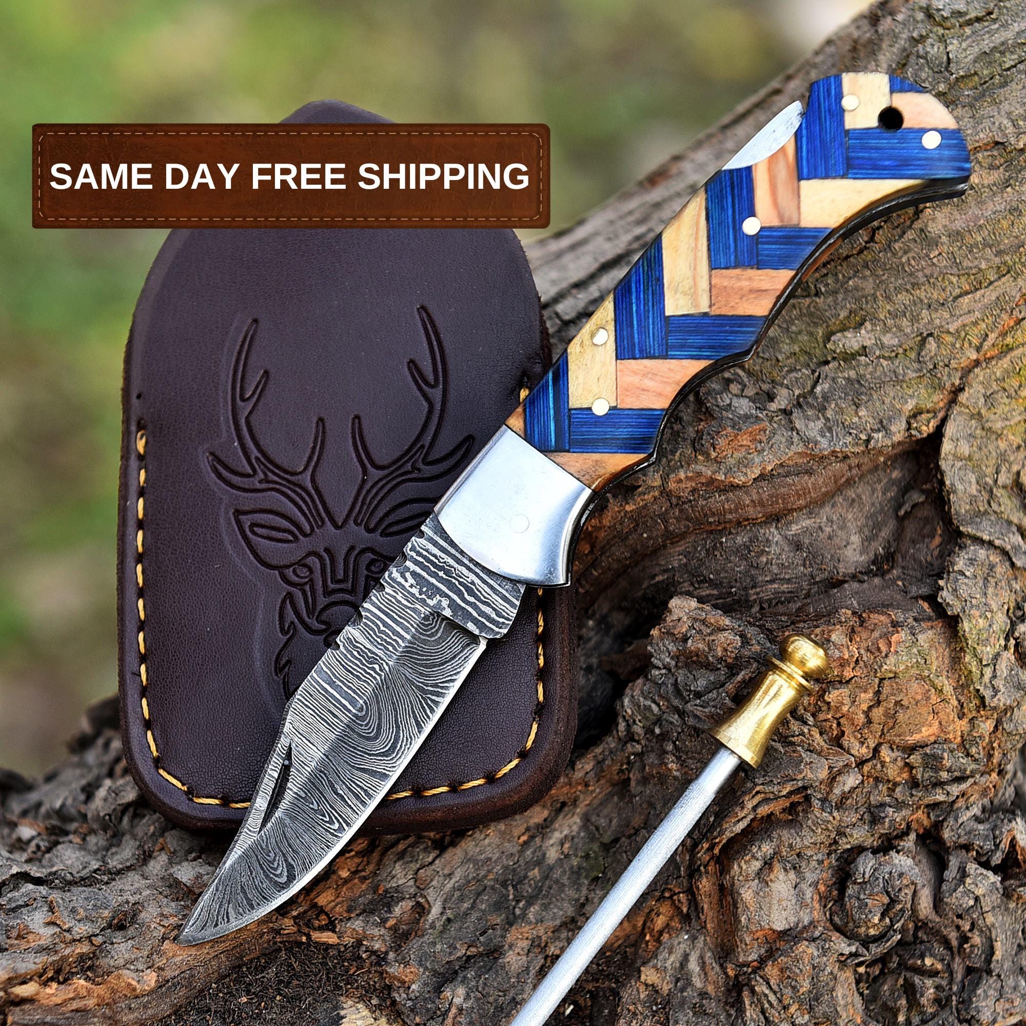 Handmade Damascus Folding Knife Pocket Knife Olive Wood Handle Birthday Gift Anniversary Wedding Personalized Gift for Men Groomsmen Gift