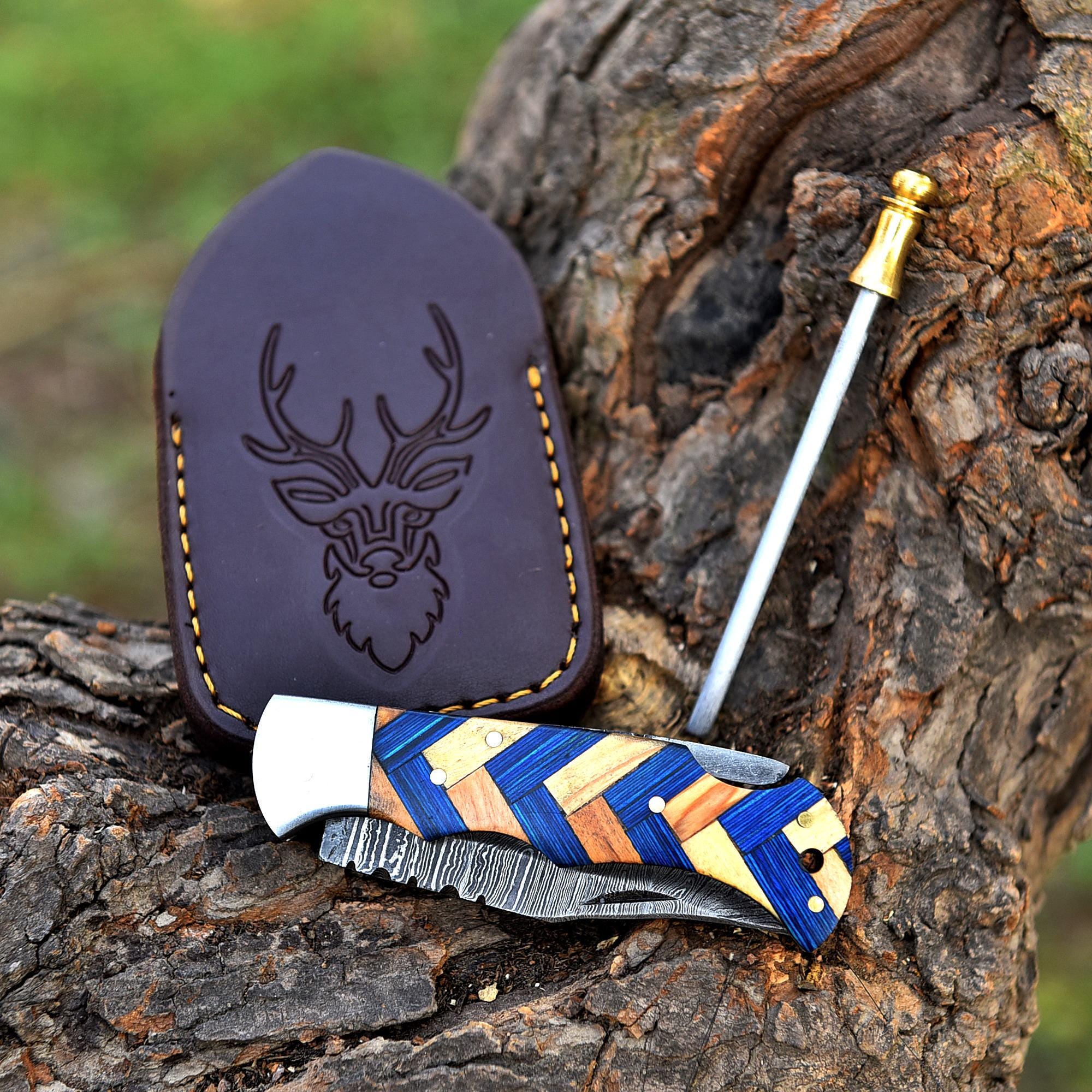 Handmade Damascus Folding Knife Pocket Knife Olive Wood Handle Birthday Gift Anniversary Wedding Personalized Gift for Men Groomsmen Gift