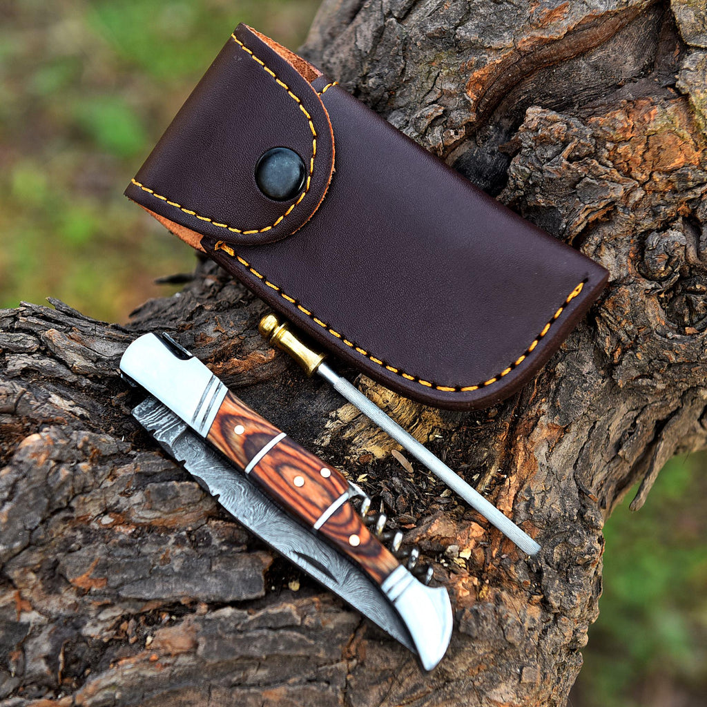 Handmade Damascus Corkscrew Pocket Knife Folding Knife Brown Wood Handle Camping Knife Birthday Gift Anniversary Personalized Gift for Men