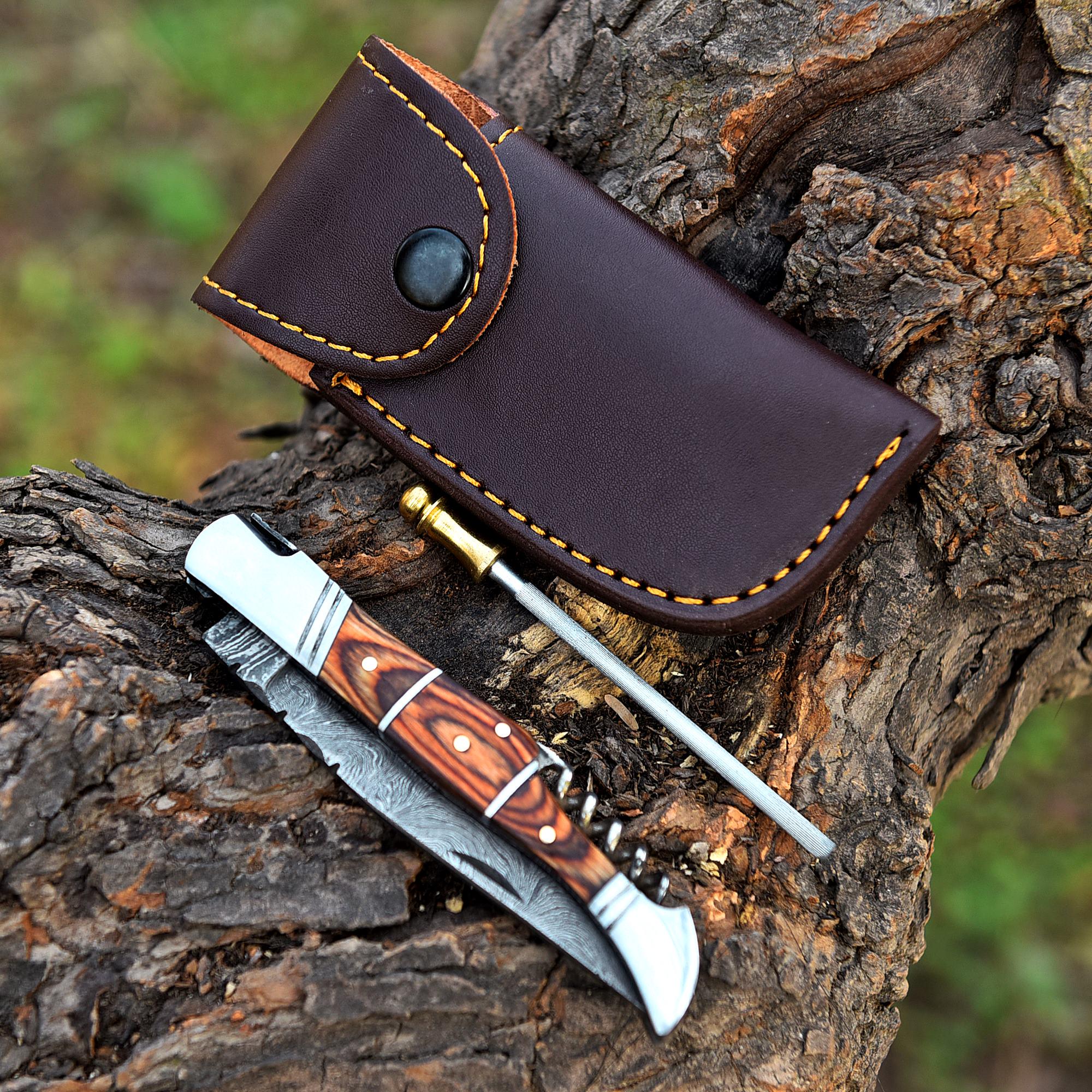Handmade Damascus Corkscrew Pocket Knife Folding Knife Brown Wood Handle Camping Knife Birthday Gift Anniversary Personalized Gift for Men