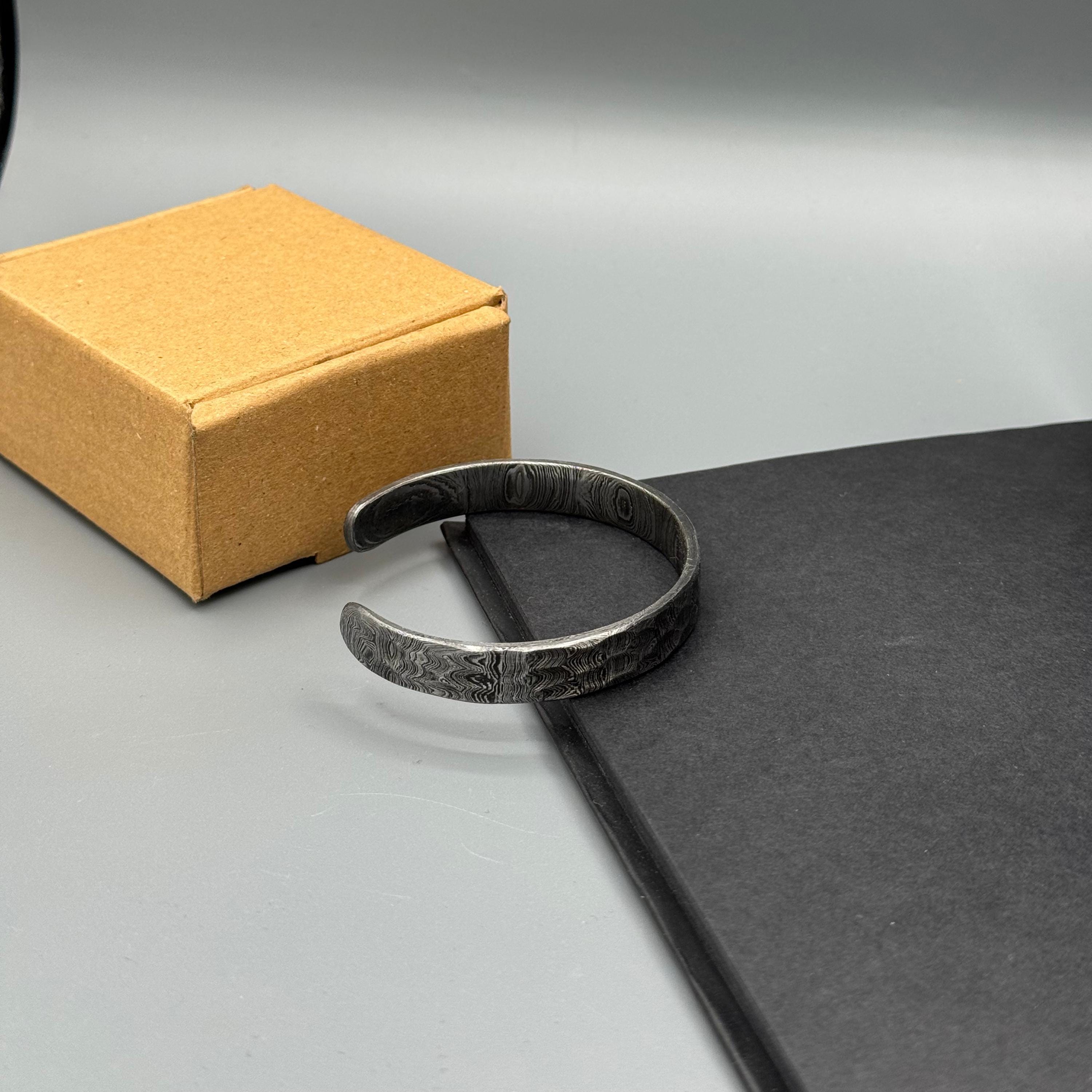 Aesthetic Handmade Damascus Steel Bangle, Hand Forged Steel Cuff Bracelet, Anniversary Gift, Damascus Oath Ring, Viking Modern Jewelry