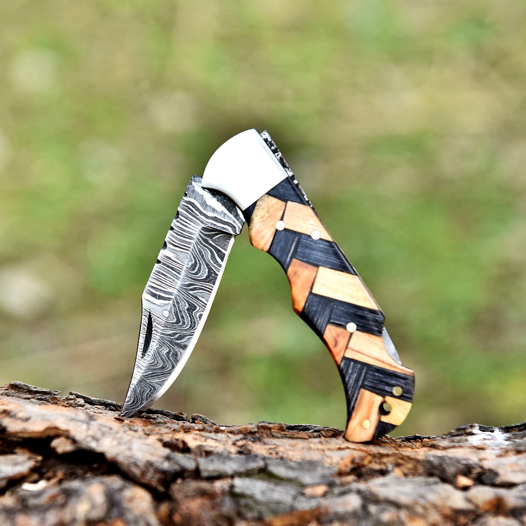 Handmade Damascus Pocket Knife Folding Knife Olive Wood Handle Birthday Gift Anniversary Wedding Personalized Gift for Men Groomsmen Gift