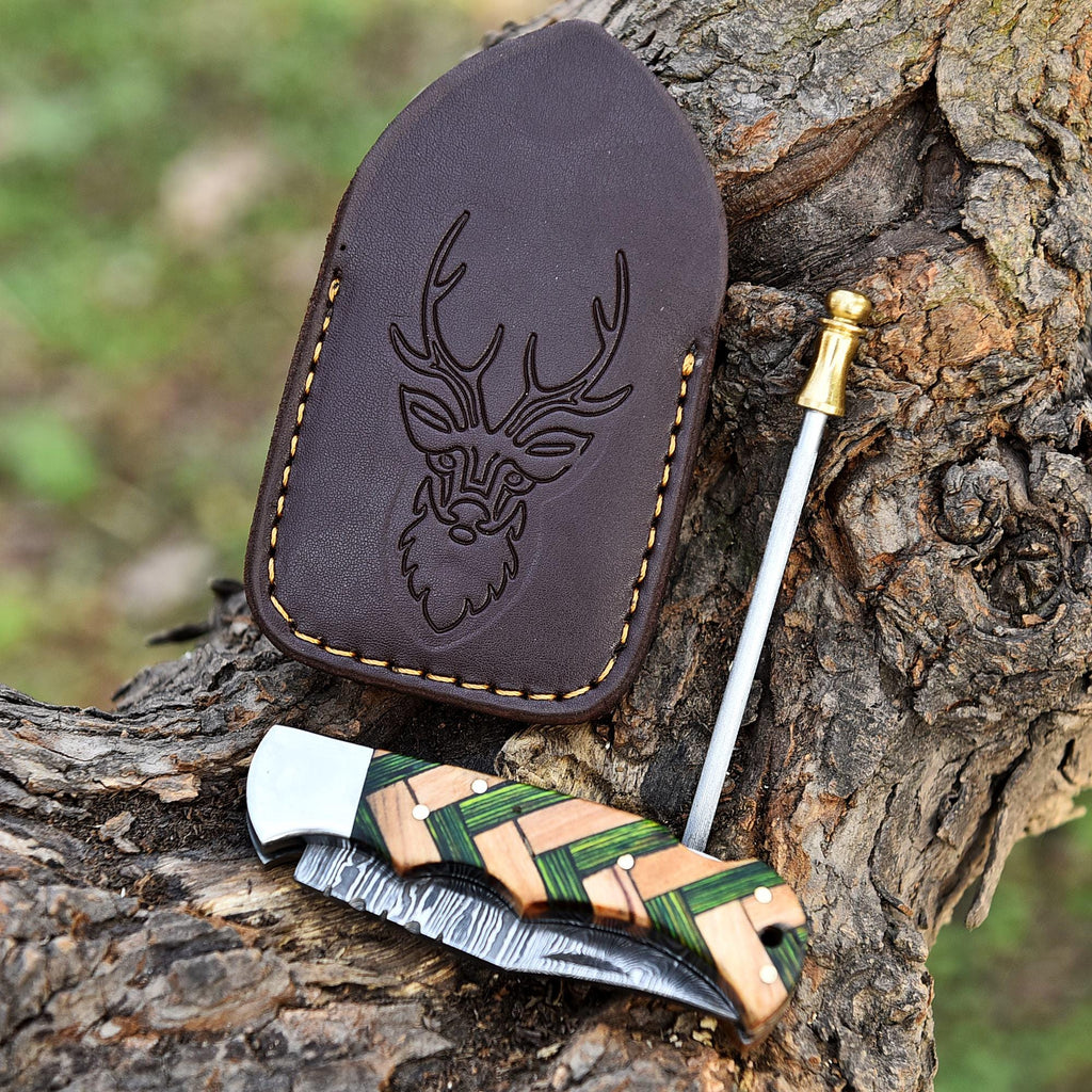 Handmade Damascus Folding Knife Pocket Knife Olive Wood Handle Birthday Gift Anniversary Wedding Personalized Gift for Men Groomsmen Gift