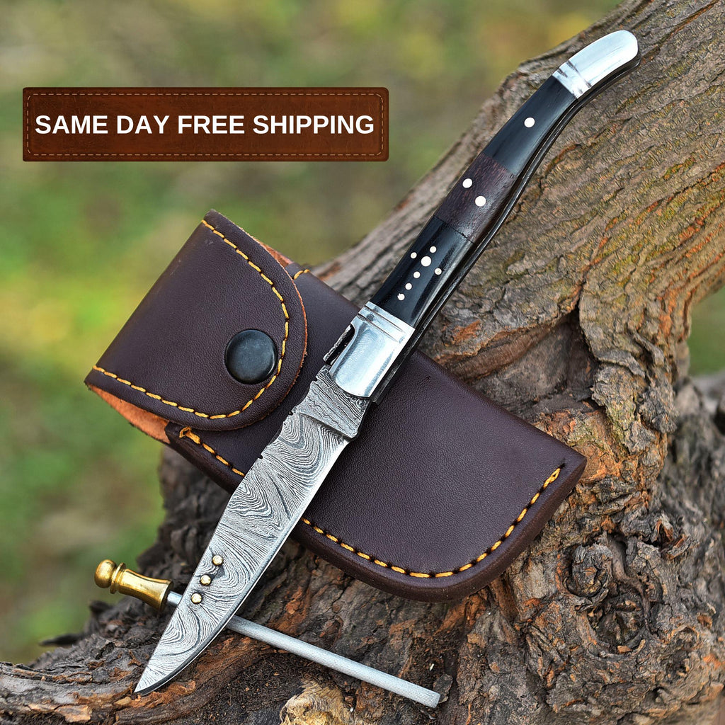 Handmade Damascus Folding Knife Pocket Knife Black Ram Horn Handle Birthday Gift Groomsmen Gift Anniversary Personalized Gift for Men