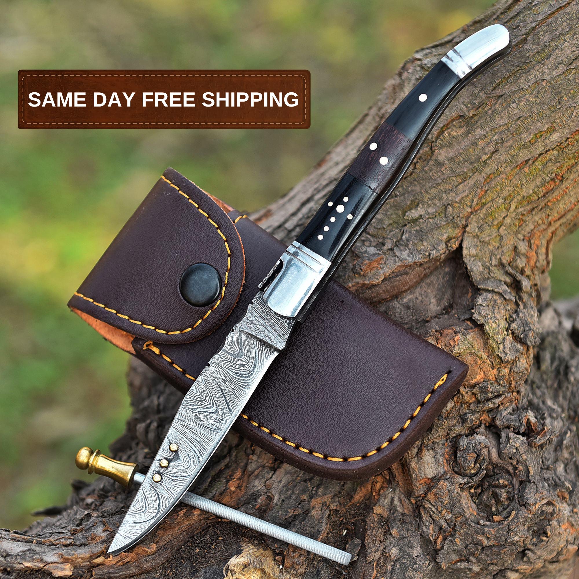 Handmade Damascus Folding Knife Pocket Knife Black Ram Horn Handle Birthday Gift Groomsmen Gift Anniversary Personalized Gift for Men