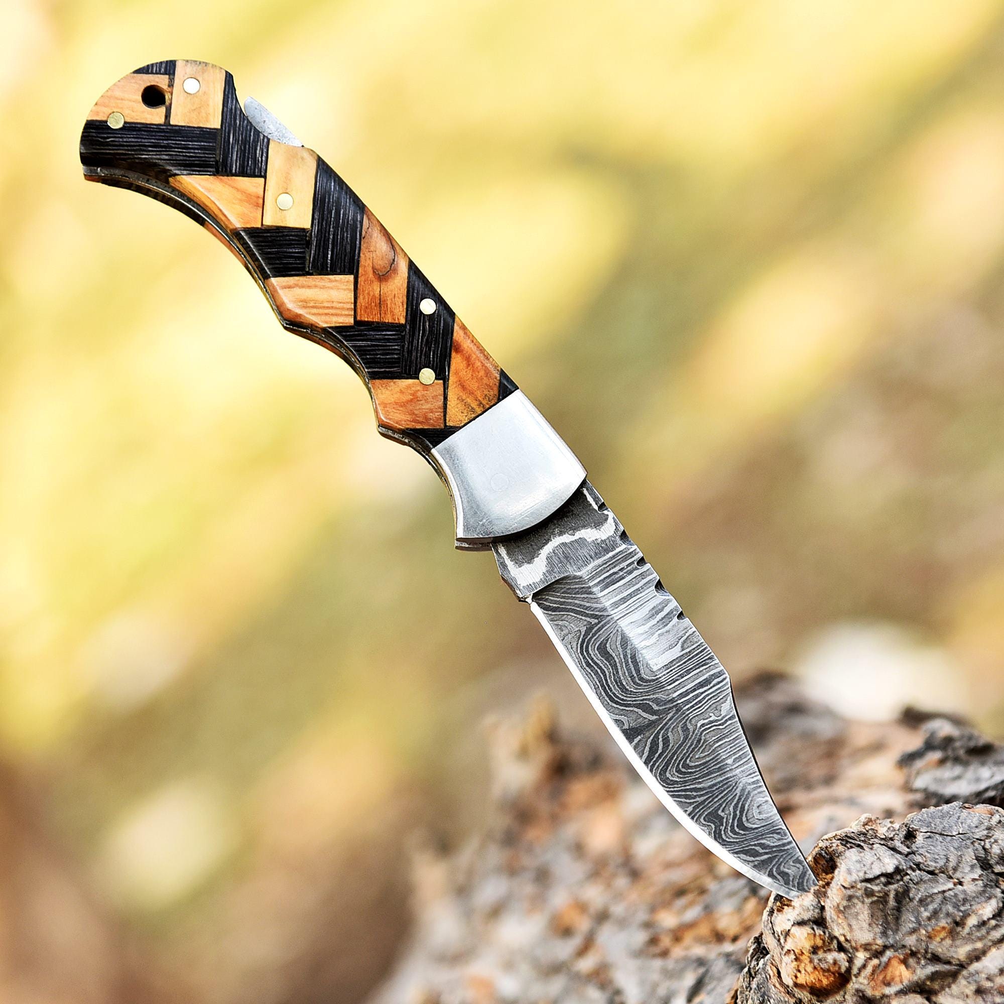 Handmade Damascus Pocket Knife Folding Knife Olive Wood Handle Birthday Gift Anniversary Wedding Personalized Gift for Men Groomsmen Gift