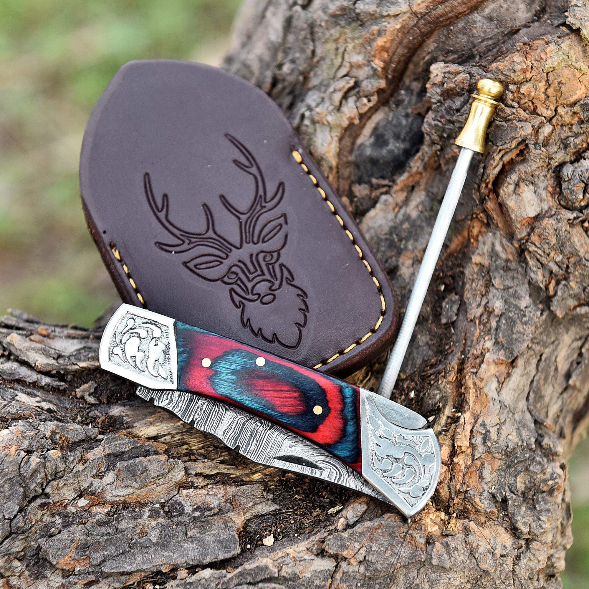 Handmade Damascus Steel Folding Knife, Pakka Wood Handle, Handmade Damascus Steel Toxified Pocket Knife, Camping Knife, Birthday gift