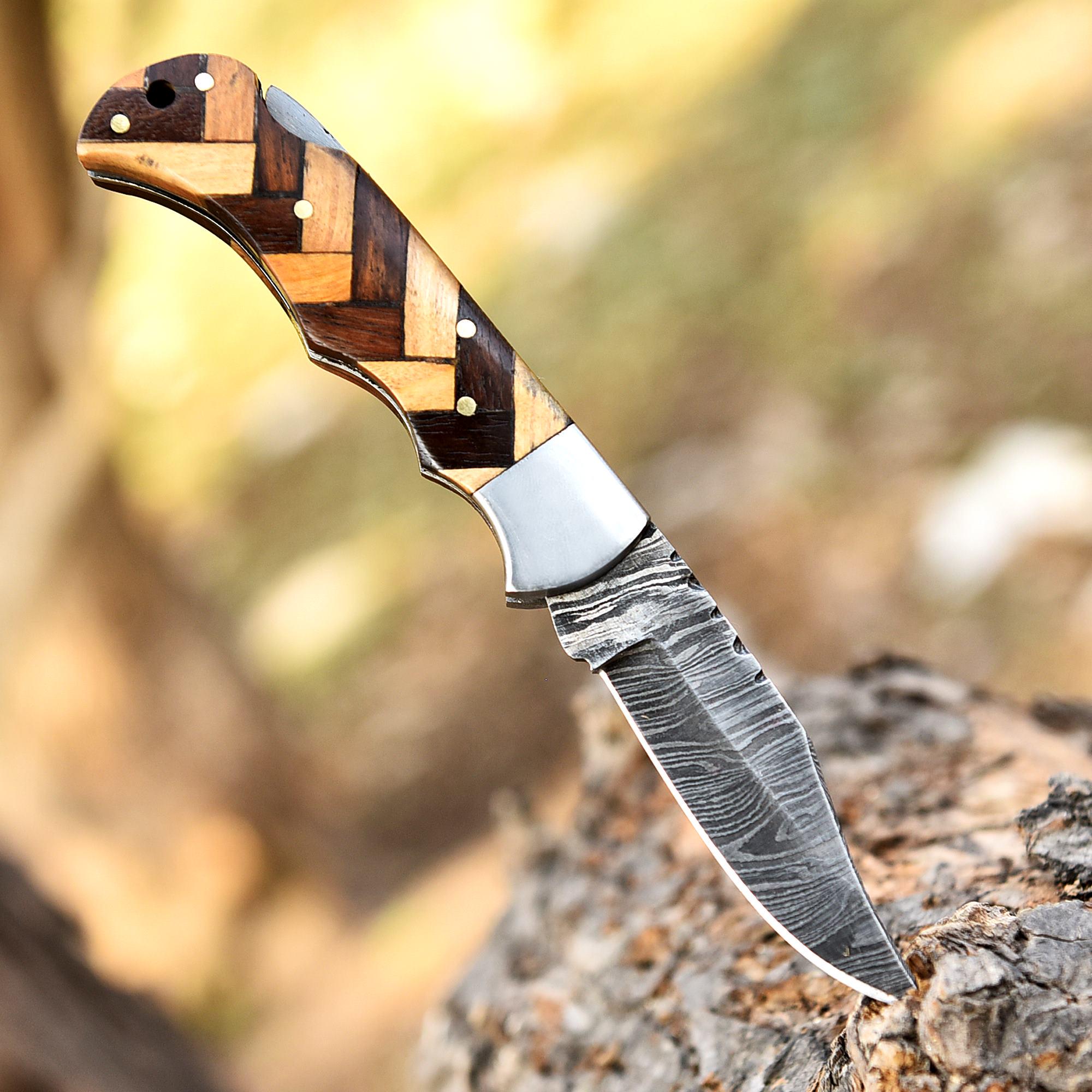 Handmade Damascus Pocket Knife Folding Knife Olive Wood Handle Birthday Gift Anniversary Wedding Personalized Gift for Men Groomsmen Gift