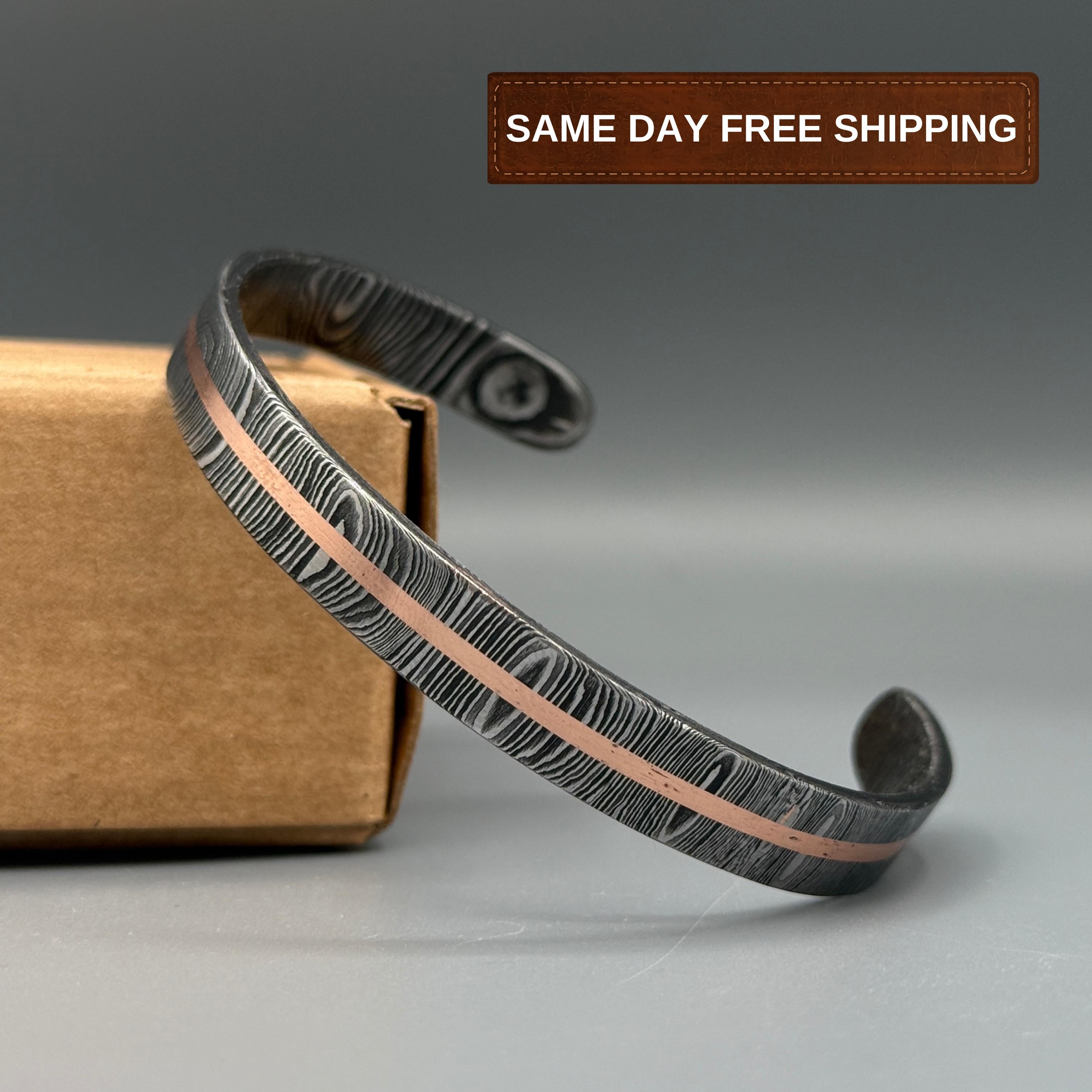 Aesthetic Handmade Damascus Steel Bracelet Bangle, Viking Modern Jewelry, Hand Forged Cuff Bracelet, Damascus Oath Ring, Anniversary Gift
