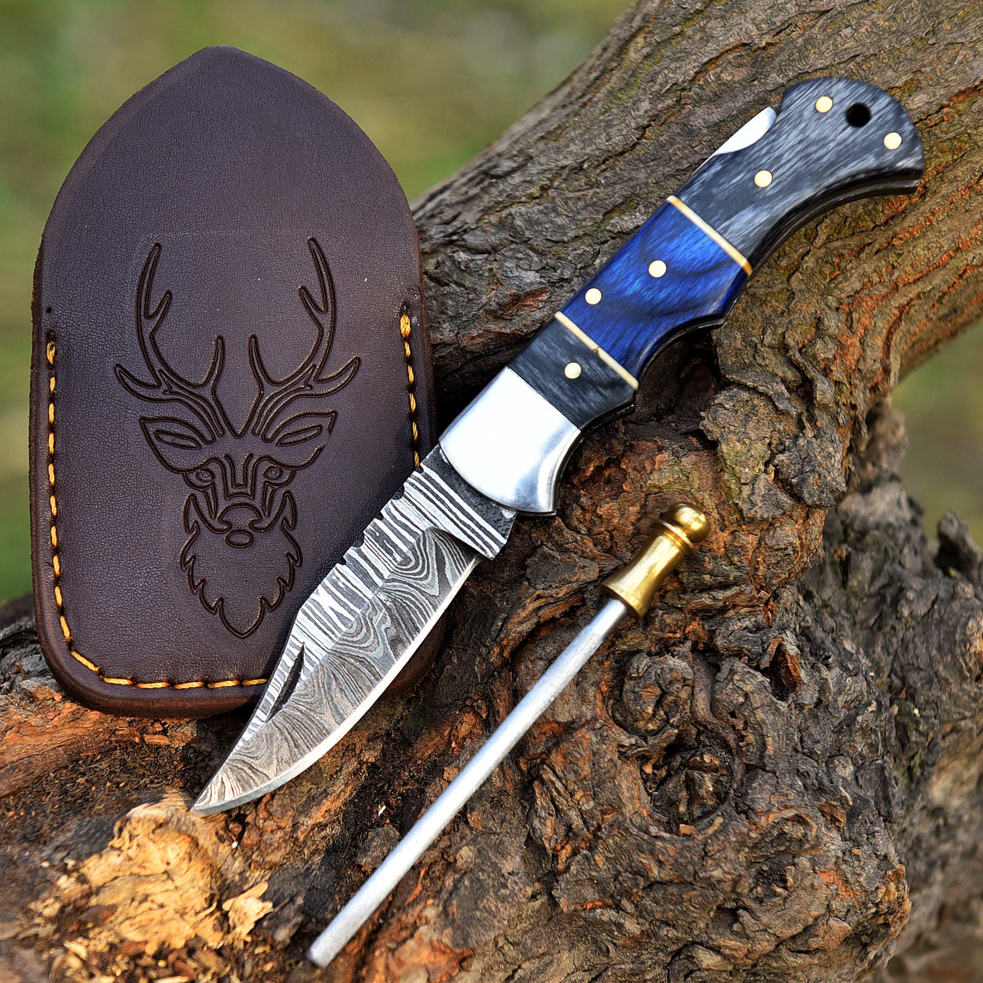 Premium Handmade Damascus Pocket Knife Folding Knife with Leather Sheath & Sharpener, Pakka Wood Handle, Chef knife, Valorant Knife