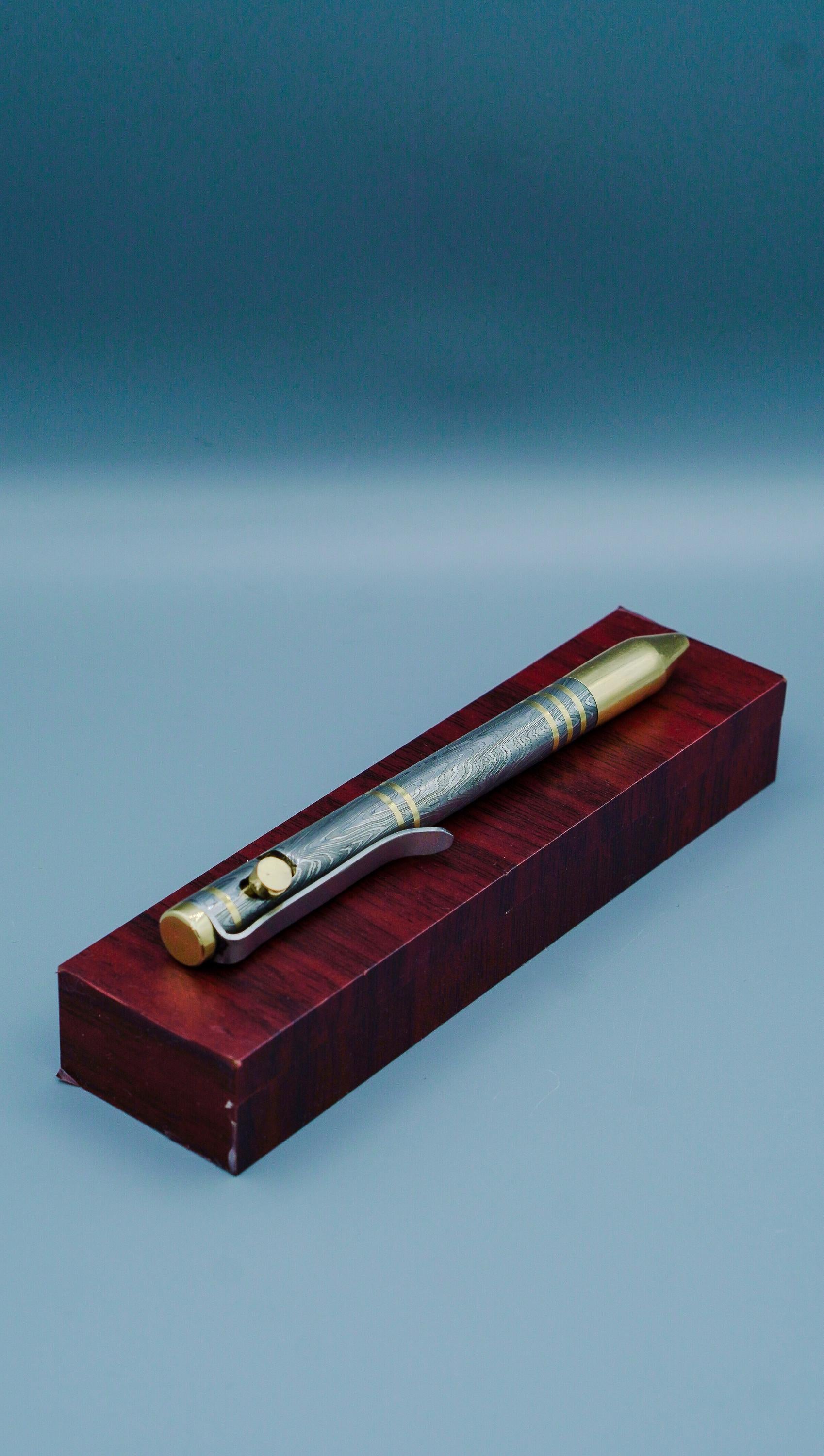 Handmade Damascus Steel Ballpoint Pen, Handcrafted Brass Accents with Pocket Clipper, Retirement Gift, Personalized Pen, Groomsman Gift