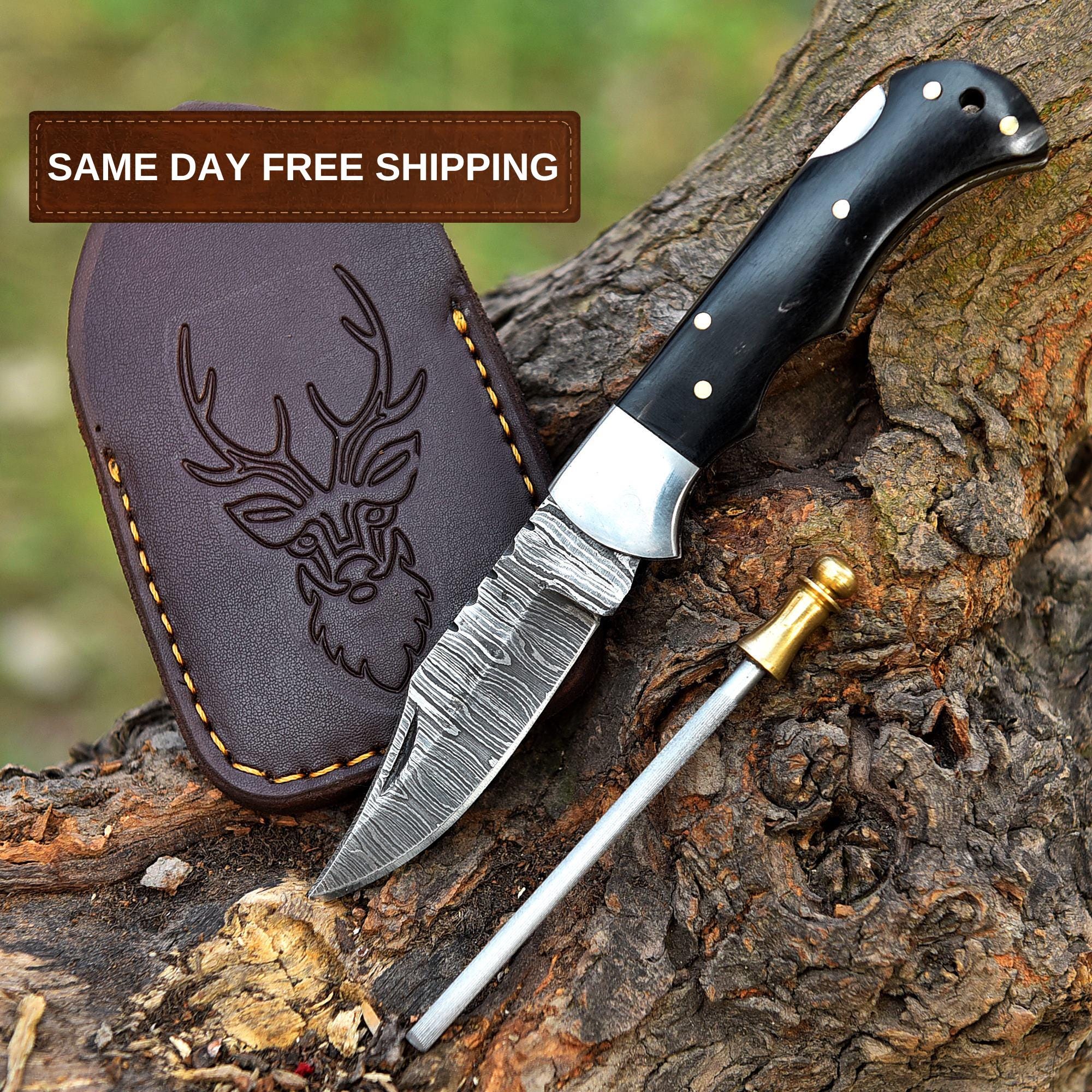 Handmade Damascus Pocket Knife Folding knife Anniversary gift Wood Handle Birthday Gift Personalized Gift for men Black horn Hunting knife