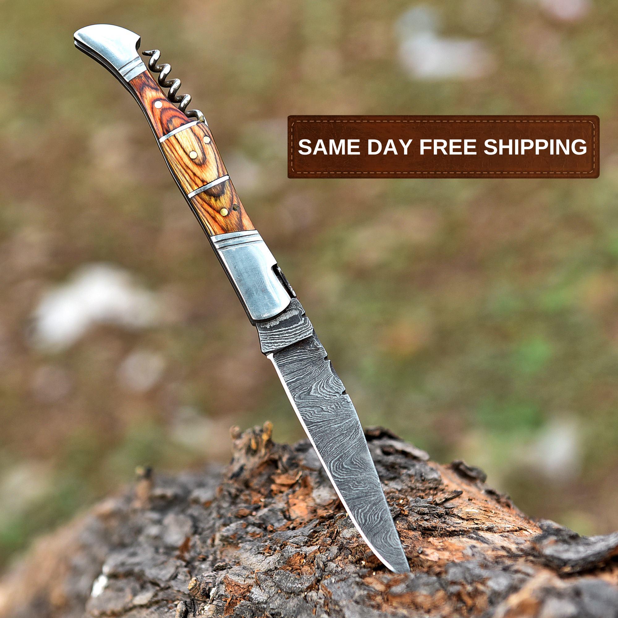 Handmade Damascus Corkscrew Pocket Knife Folding Knife Brown Wood Handle Camping Knife Birthday Gift Anniversary Personalized Gift for Men
