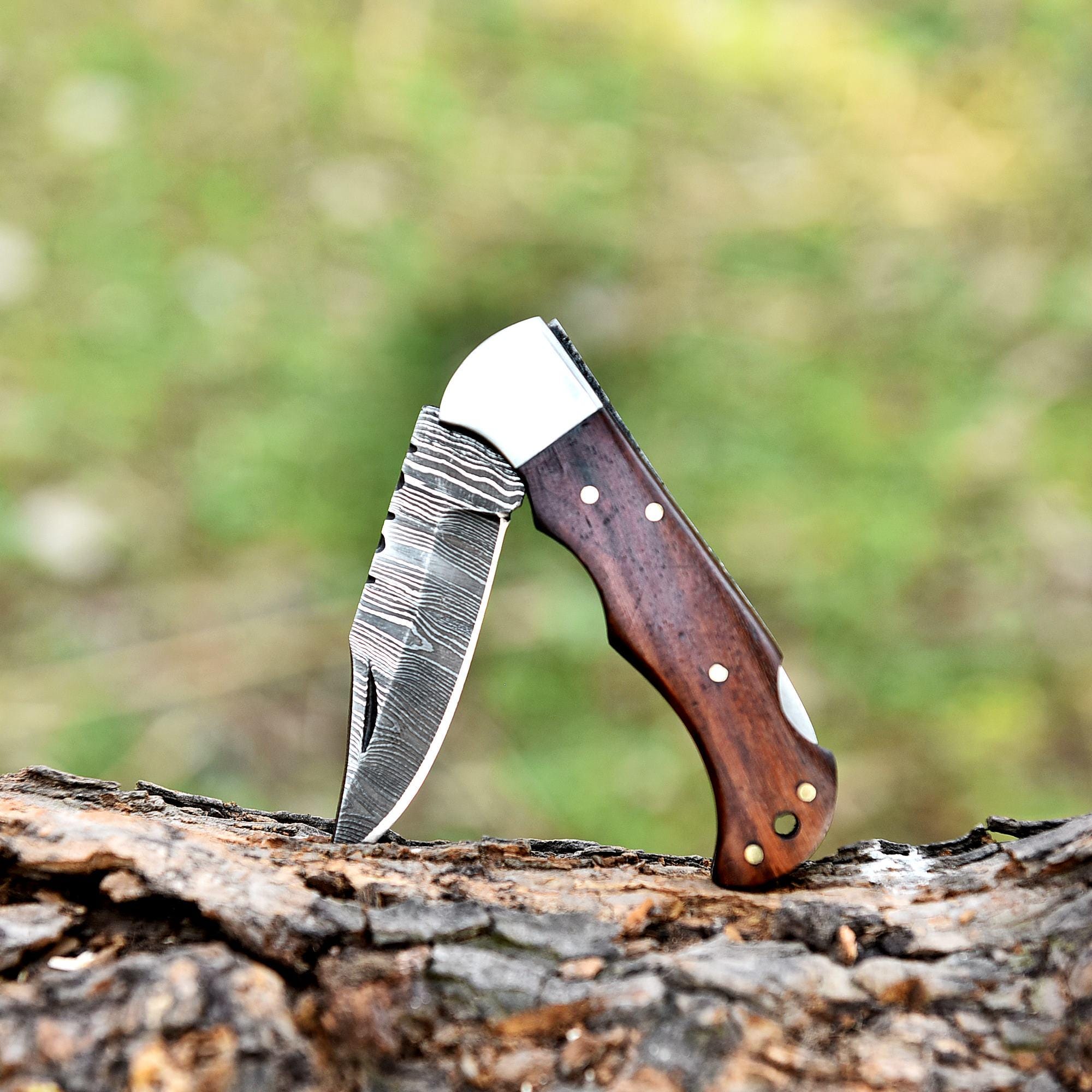 Handmade Damascus Pocket Knife Folding Knife Pakka Wood Handle Leather Sheath Birthday Gift Wedding Anniversary Personalized Gift For Men