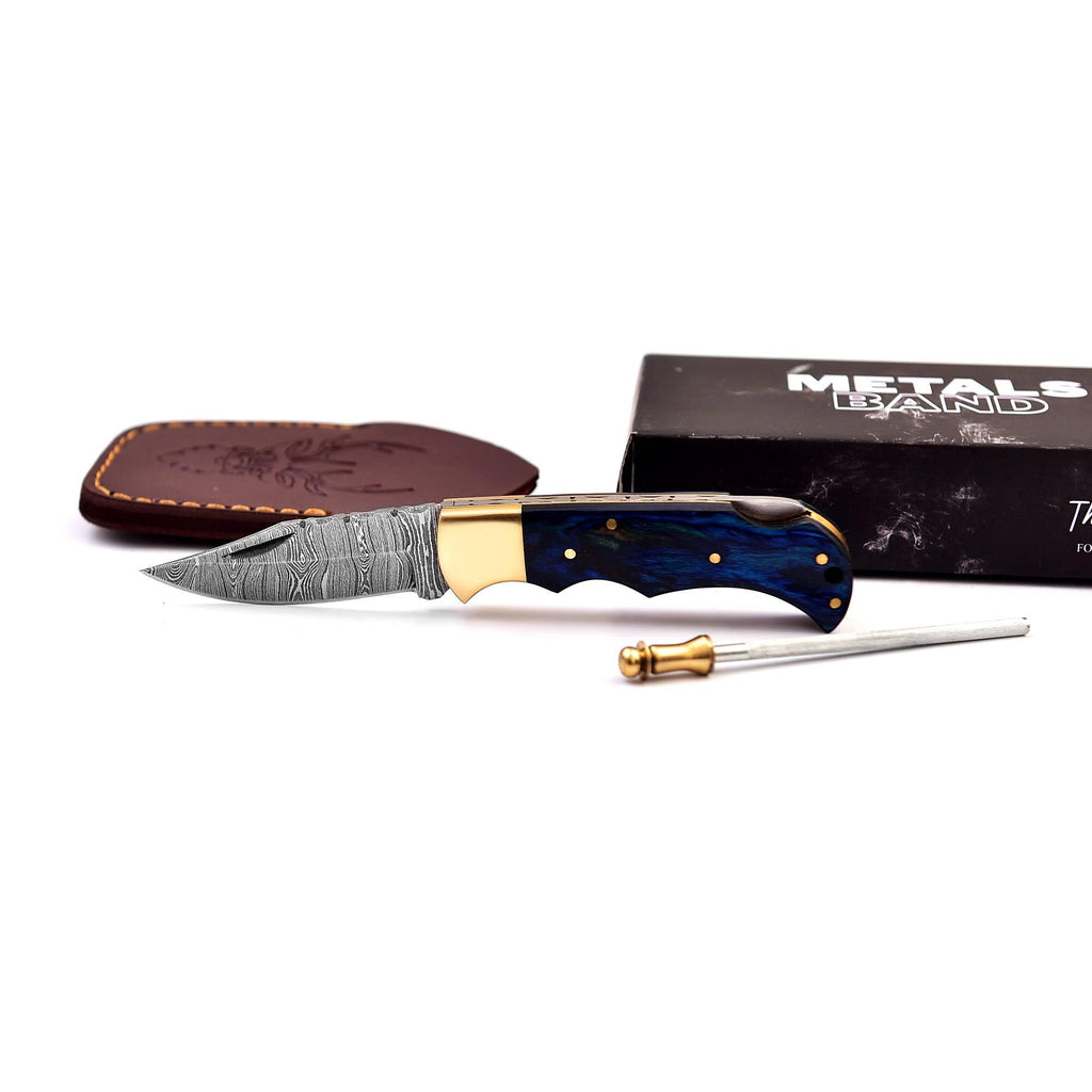 Handmade Damascus Pocket Knife Pakka Blue Handle Leather Sheath Birthday Gift Folding Knife Wedding Anniversary Personalized Gift For Men