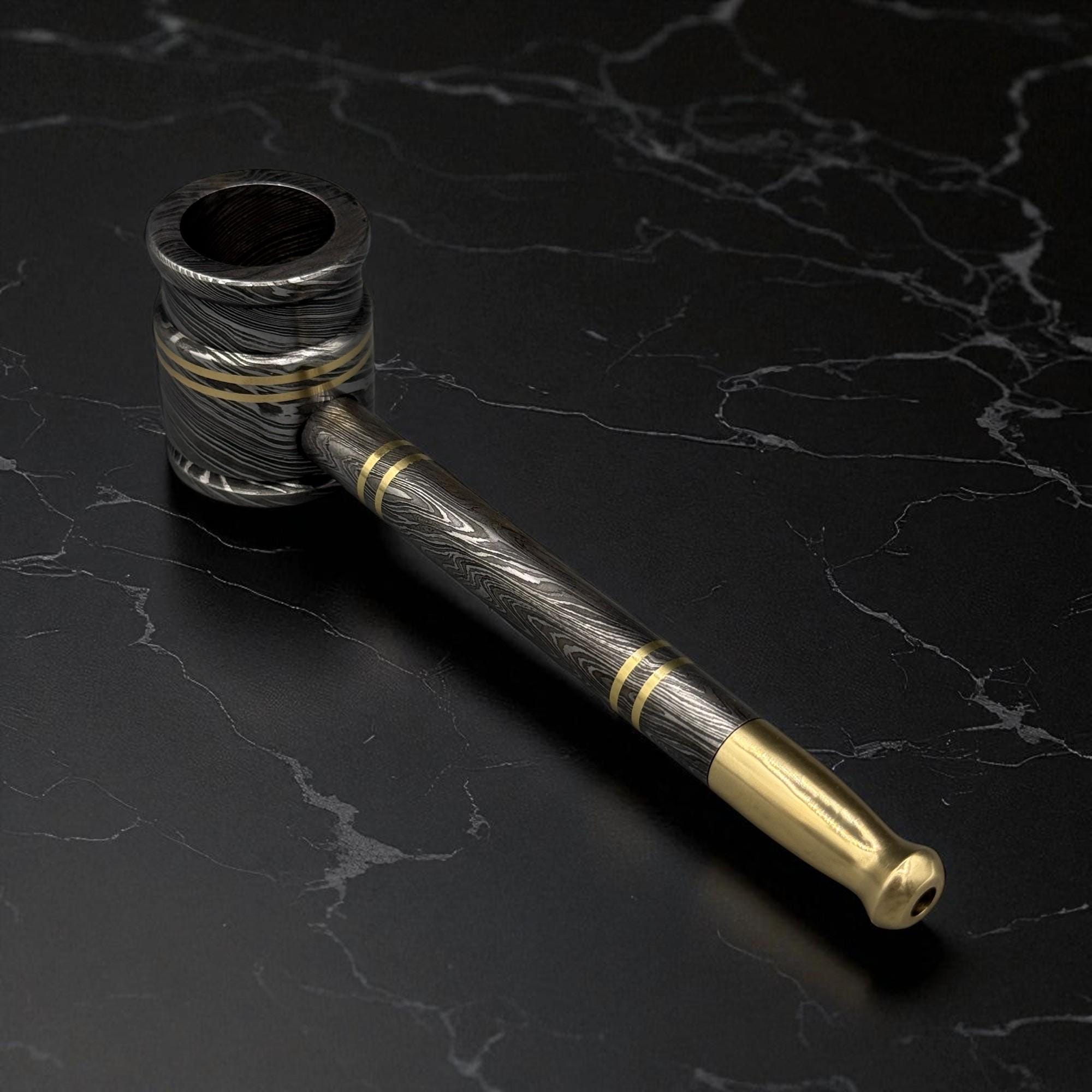 Rustic Damascus Steel Smoking Pipe, Brass Tobacco Pipe, Custom Gift for Dad, Groomsmen, Husband, Christmas Gift Idea for Him