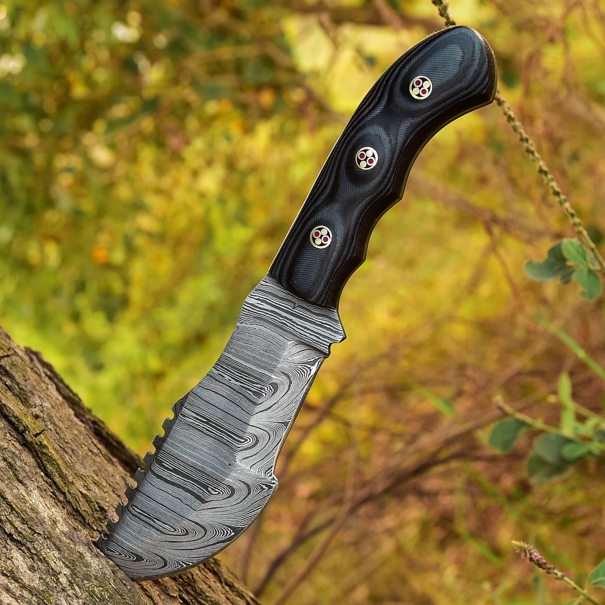 Handmade Damascus Bowie Fixed Blade Knife - Black Handle