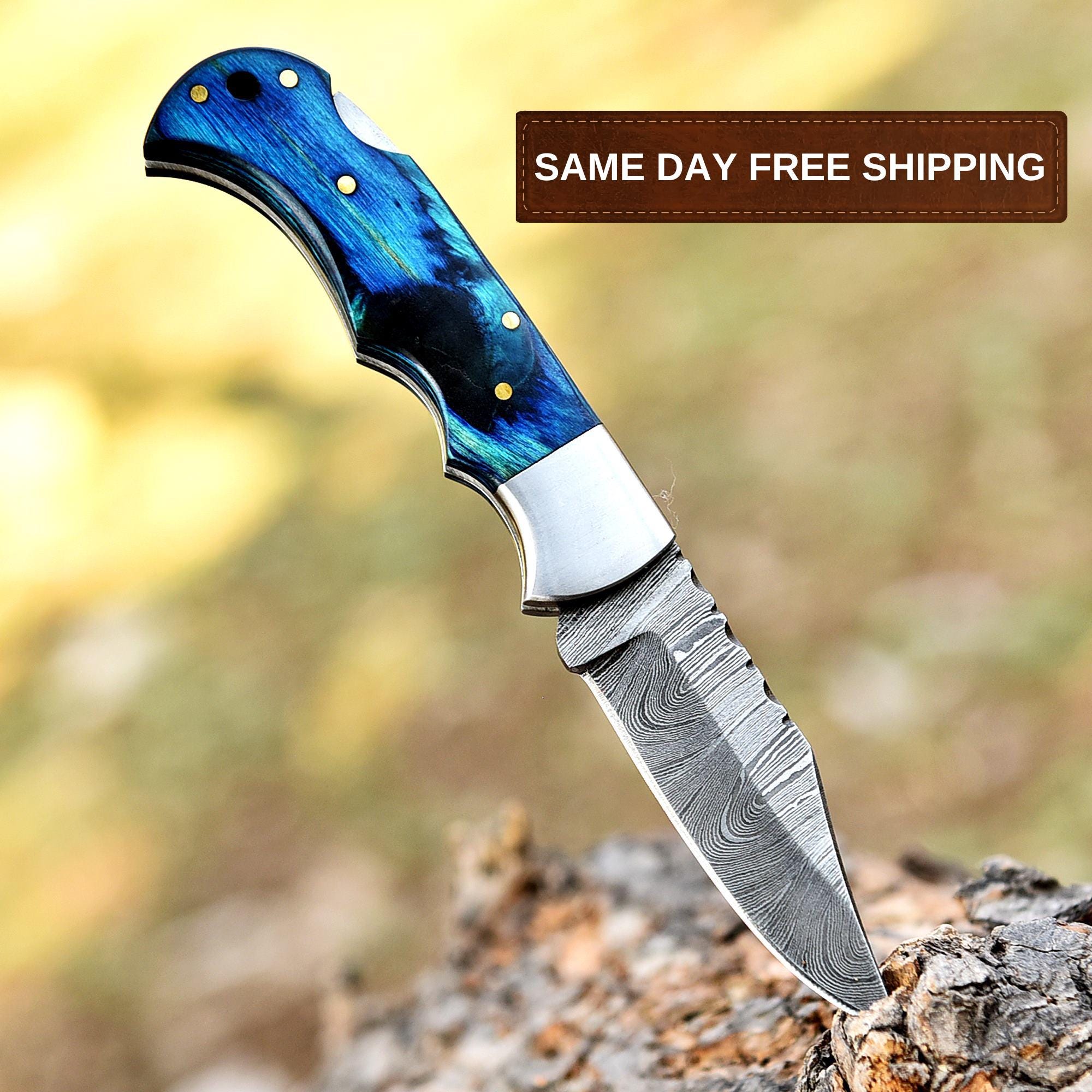 Handmade Damascus Folding Knife Pocket Knife with Leather Sheath, Pakka Wood Handle, Camping Knife, Retirement Gift For Him, Fathers Day