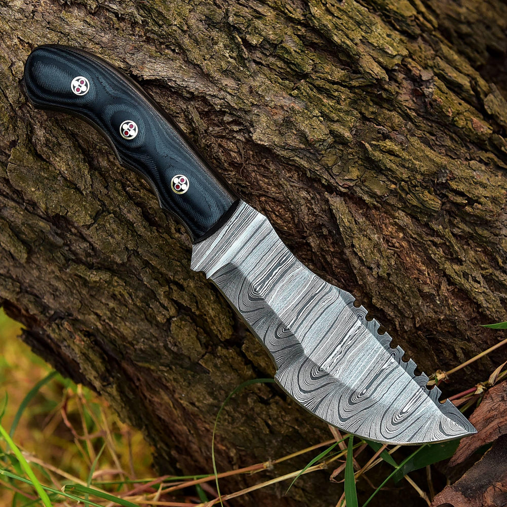 Handmade Damascus Bowie Fixed Blade Knife - Black Handle