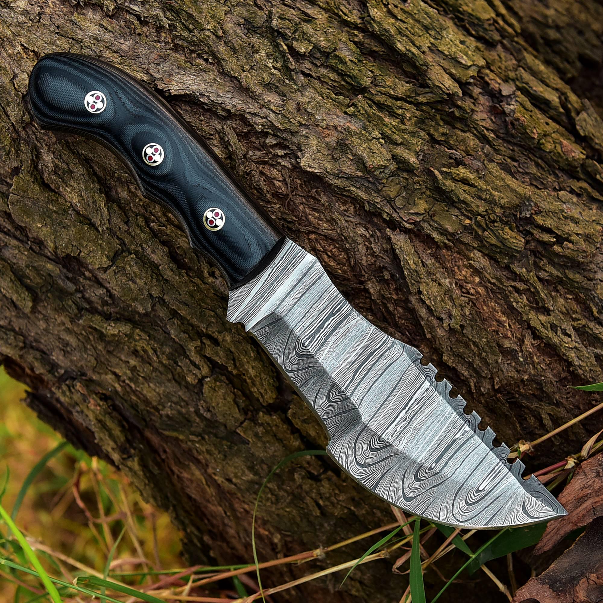 Handmade Damascus Bowie Fixed Blade Knife - Black Handle