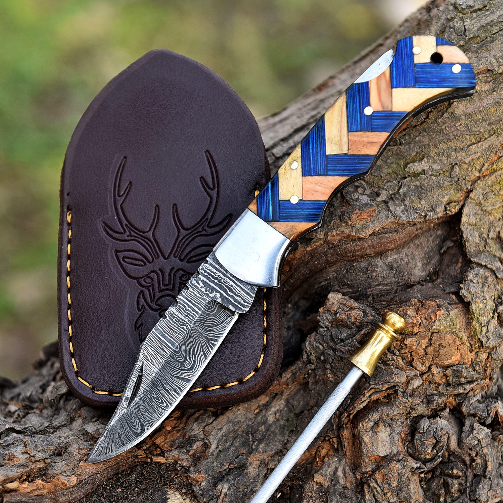 Handmade Damascus Pocket Knife Folding Knife Olive Wood Handle Birthday Gift Anniversary Wedding Personalized Gift for Men Groomsmen Gift